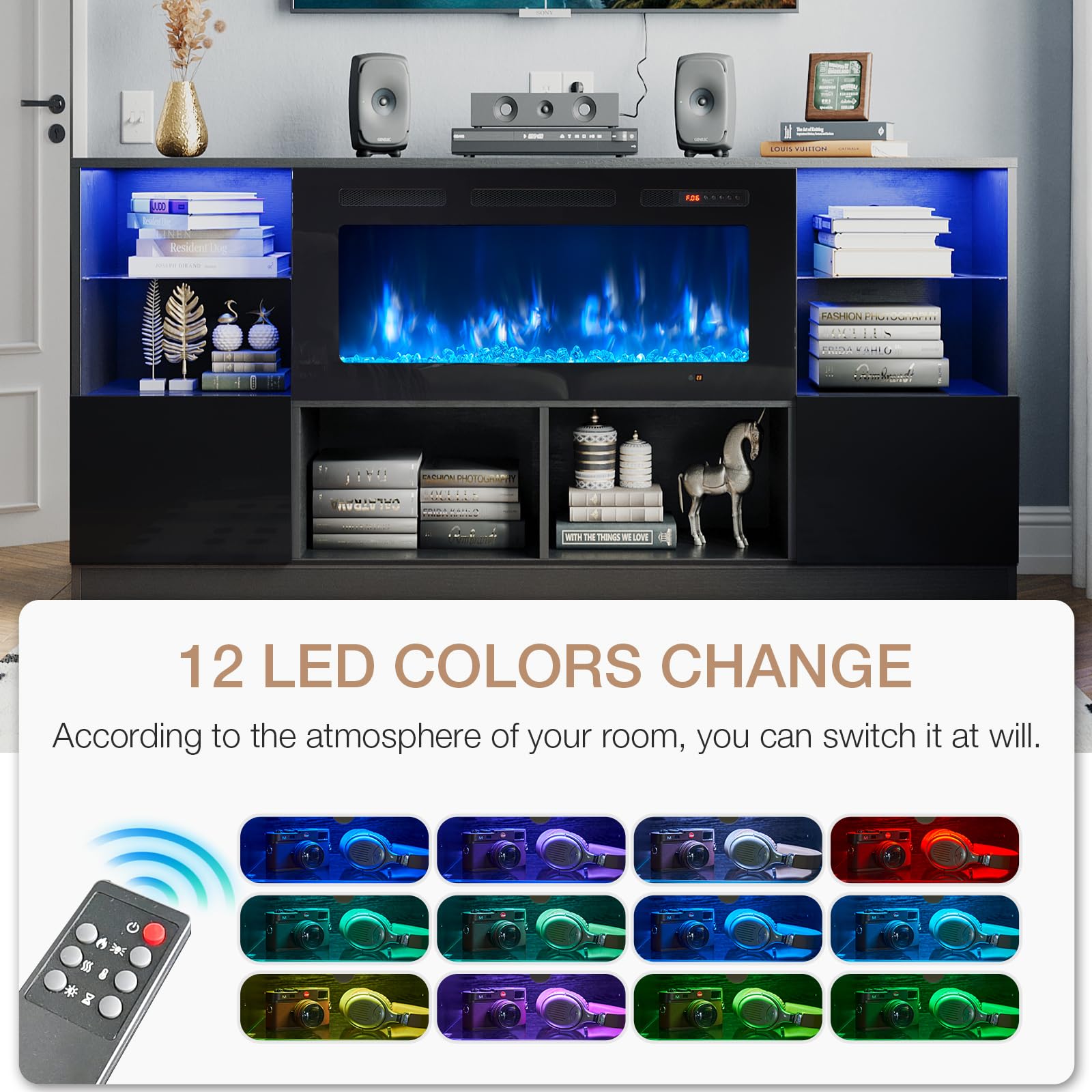 Fireplace TV Stand with 36” Electric Fireplace, 70” TV Console Stand for TVs Up to 80", LED Light Entertainment Center, Fireplace for The Living Room TV Stand, Black