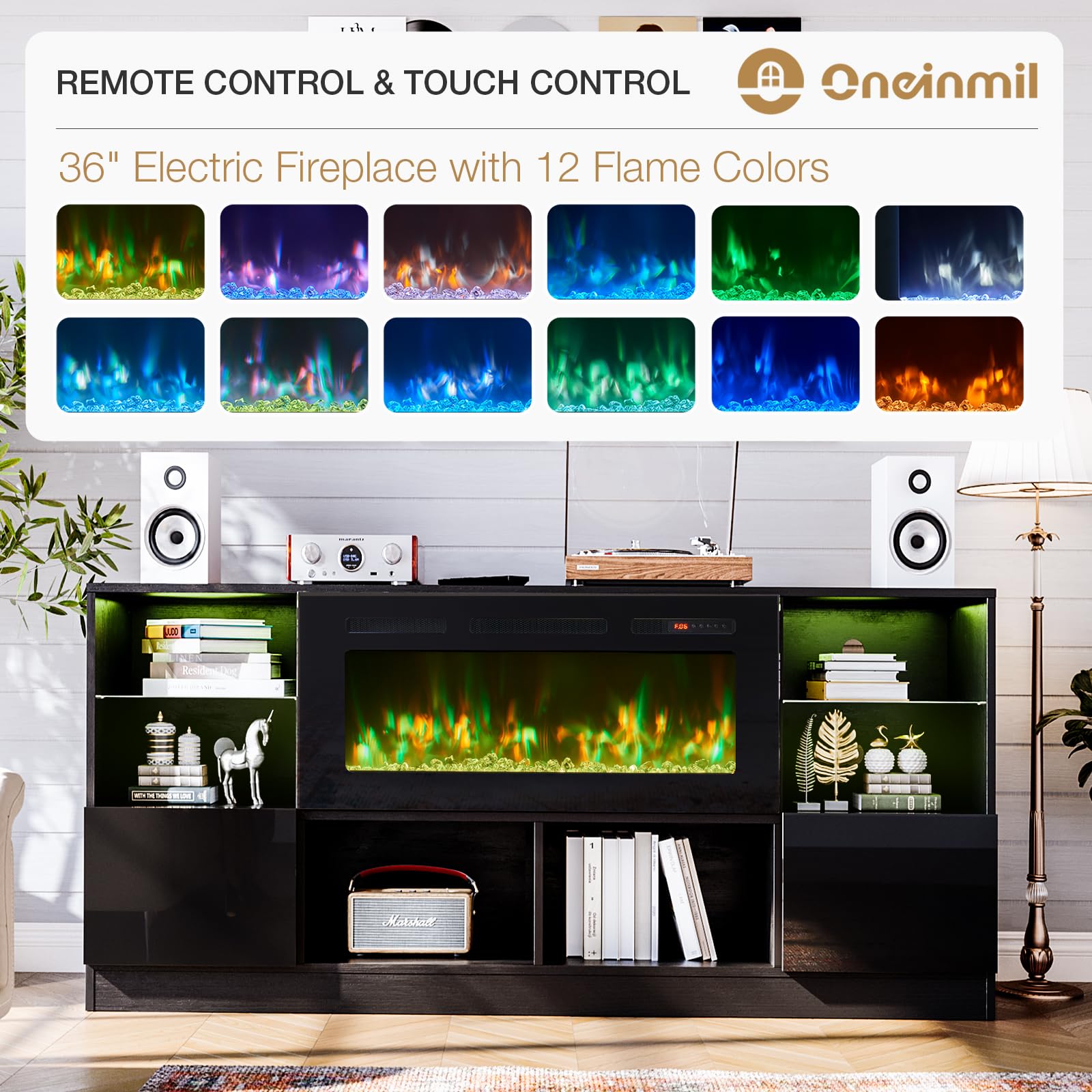 Fireplace TV Stand with 36” Electric Fireplace, 70” TV Console Stand for TVs Up to 80", LED Light Entertainment Center, Fireplace for The Living Room TV Stand, Black