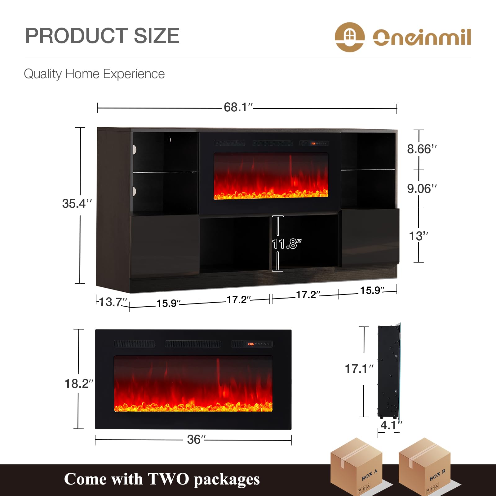 Fireplace TV Stand with 36” Electric Fireplace, 70” TV Console Stand for TVs Up to 80", LED Light Entertainment Center, Fireplace for The Living Room TV Stand, Black