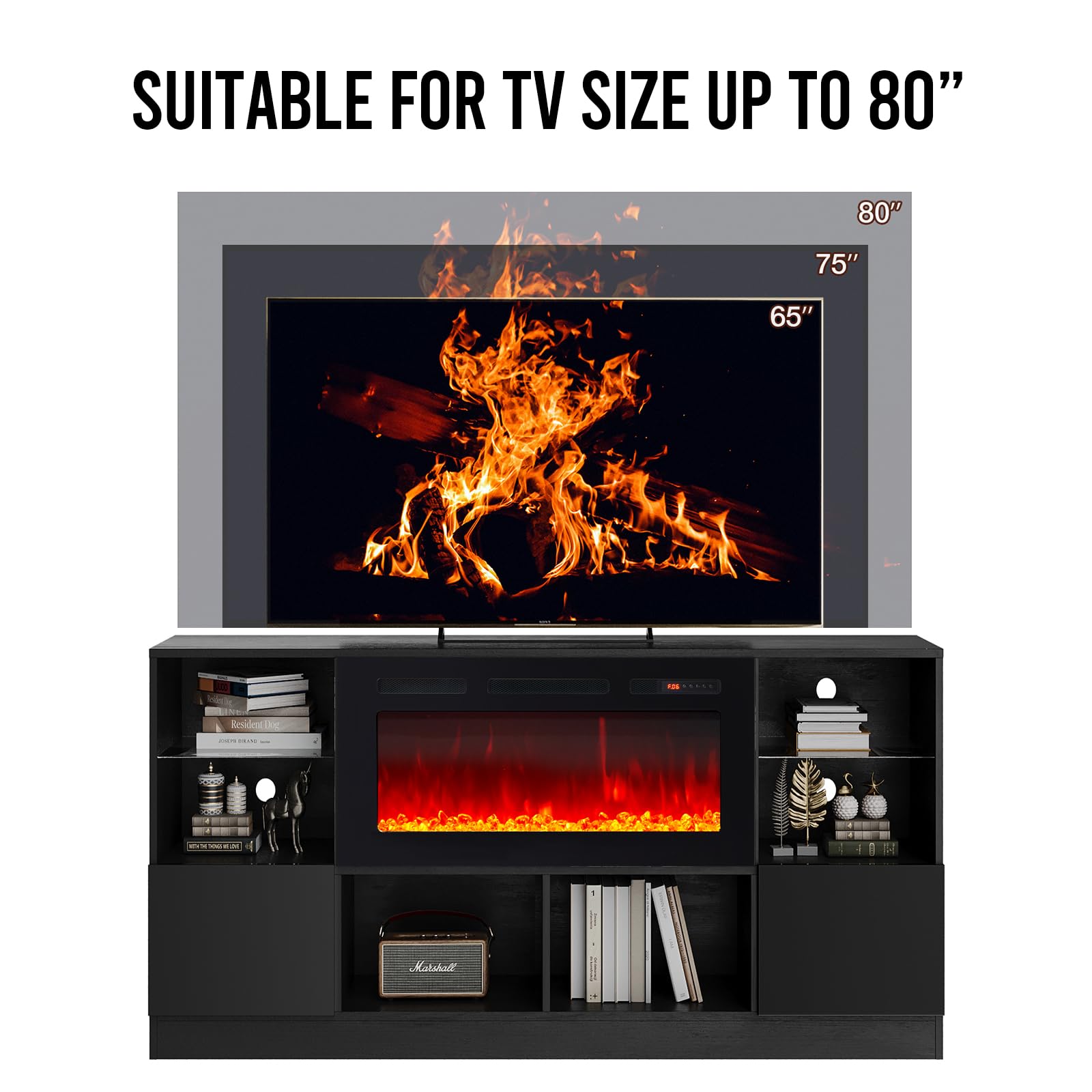 Fireplace TV Stand with 36” Electric Fireplace, 70” TV Console Stand for TVs Up to 80", LED Light Entertainment Center, Fireplace for The Living Room TV Stand, Black