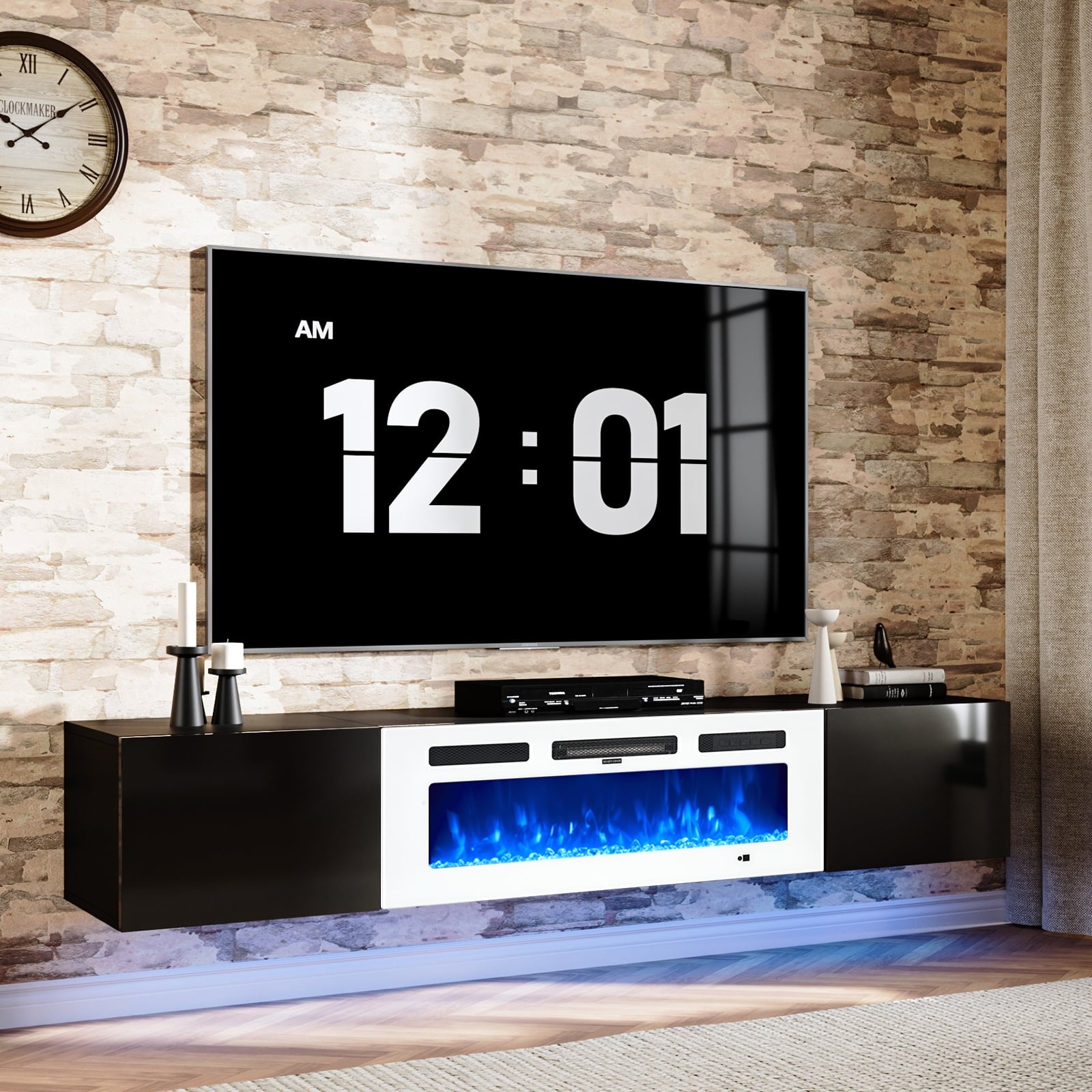 Floating TV Stand with 36" Electric Fireplace, Wall Mounted Fireplace Entertainment Center with Storage for TVs Up to 80", Adjustable Partition, Black/White (Black TV Stand + White Fireplace)