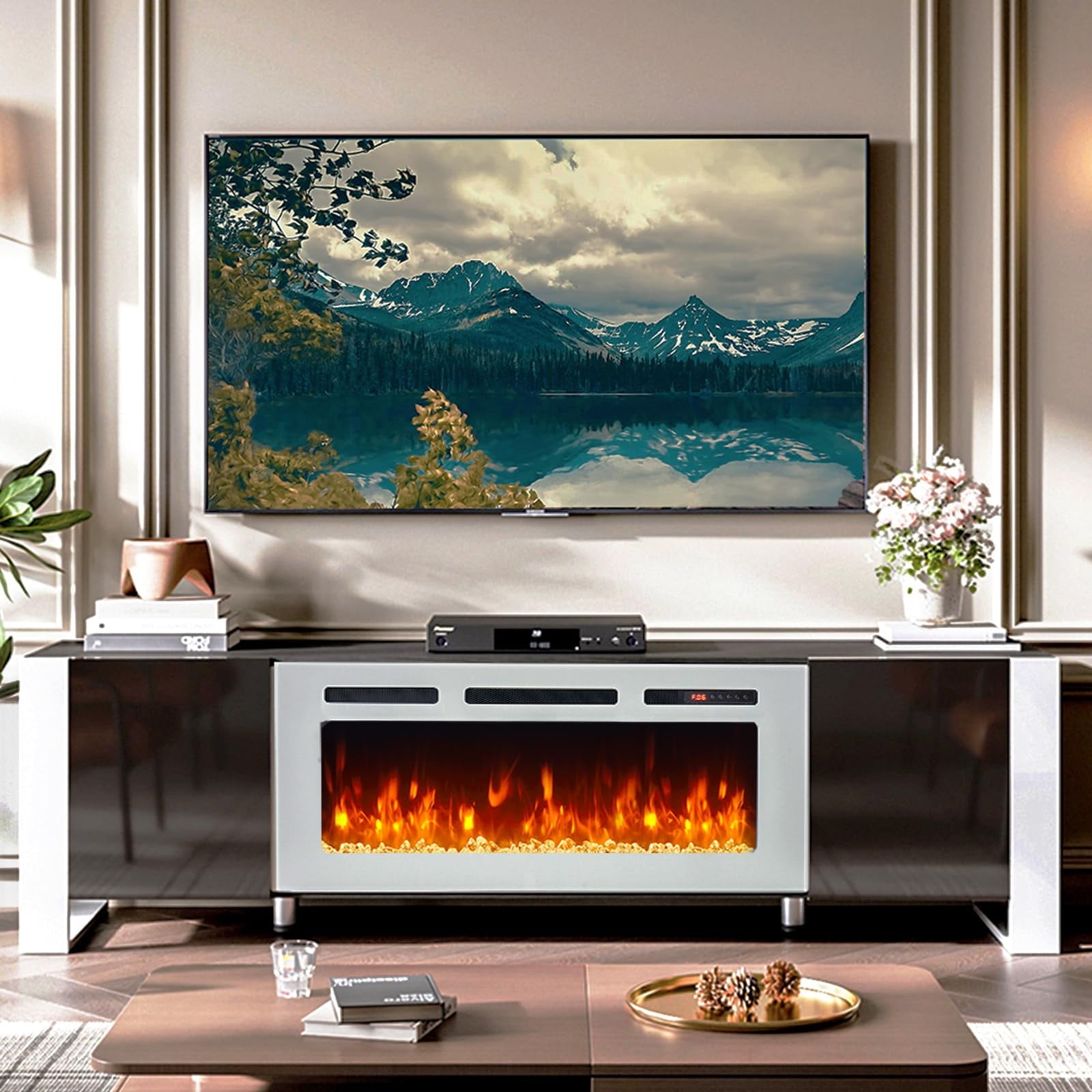 ireplace TV Stand with 36" Fireplace, 70" Modern Entertainment Center LED Lights, Adjustable Legs TV Console Cabinet for TVs Up to 80", Black TV Stand and White Fireplace