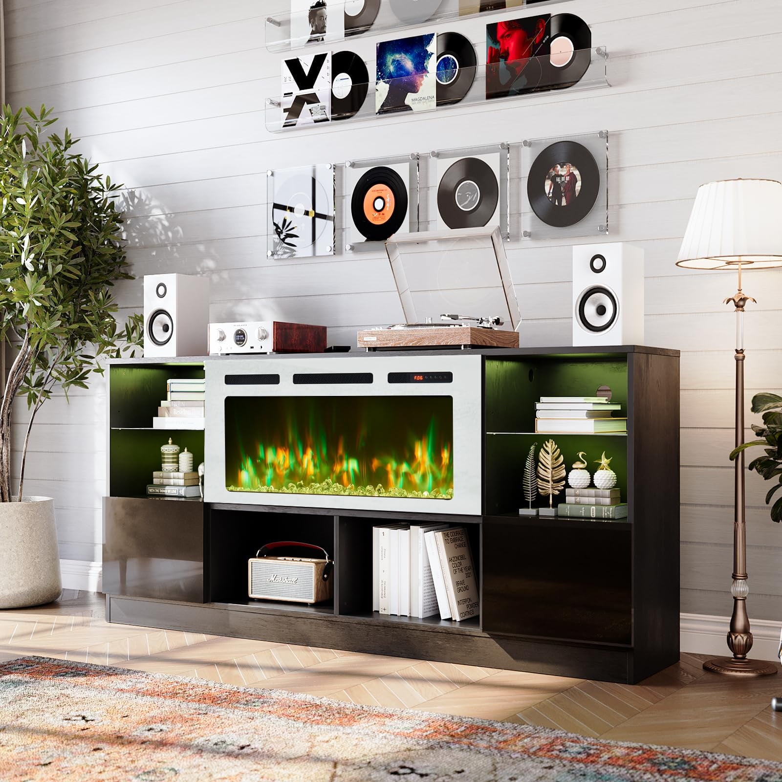 Fireplace TV Stand with 36” Electric Fireplace, 70” TV Console Stand for TVs Up to 80", LED Light Entertainment Center, Fireplace for The Living Room TV Stand, Black