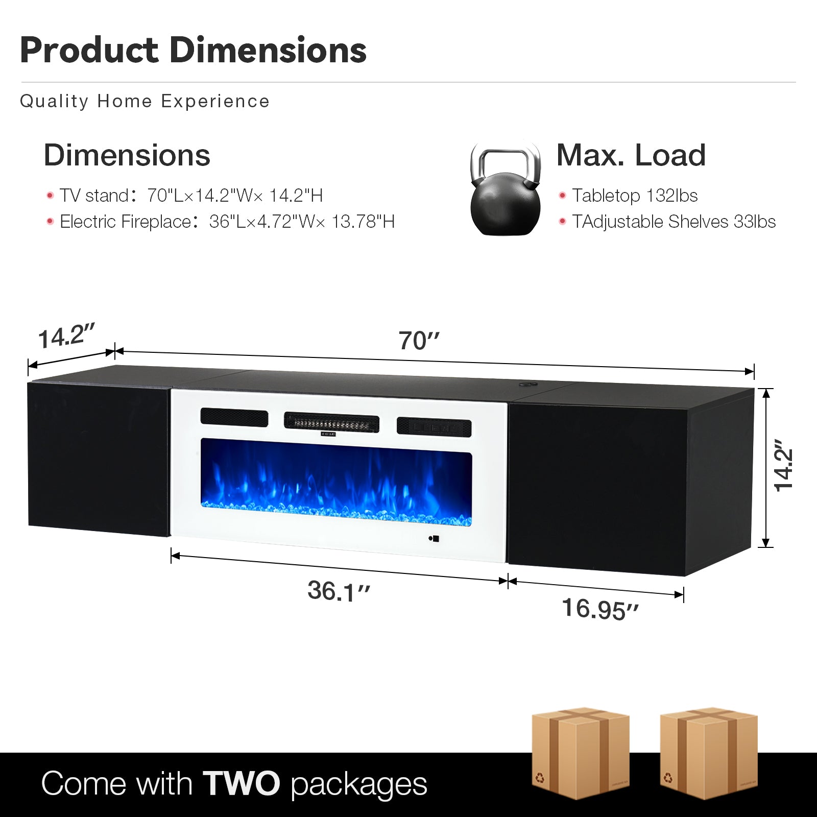 Floating TV Stand with 36" Electric Fireplace, Wall Mounted Fireplace Entertainment Center with Storage for TVs Up to 80", Adjustable Partition, Black/White (Black TV Stand + White Fireplace)