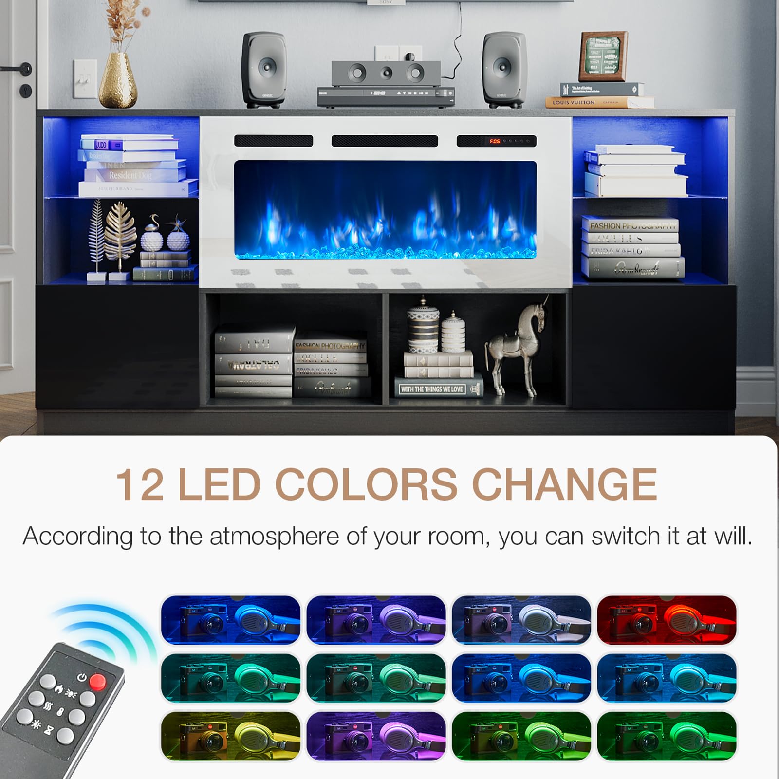 Fireplace TV Stand with 36” Electric Fireplace, 70” TV Console Stand for TVs Up to 80", LED Light Entertainment Center, Fireplace for The Living Room TV Stand, Black