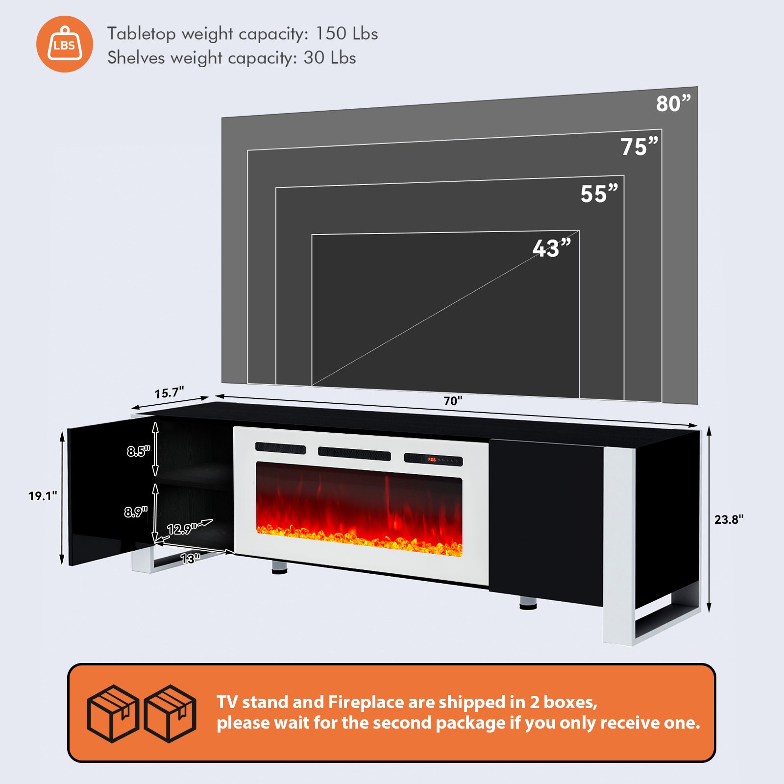 ireplace TV Stand with 36" Fireplace, 70" Modern Entertainment Center LED Lights, Adjustable Legs TV Console Cabinet for TVs Up to 80", Black TV Stand and White Fireplace