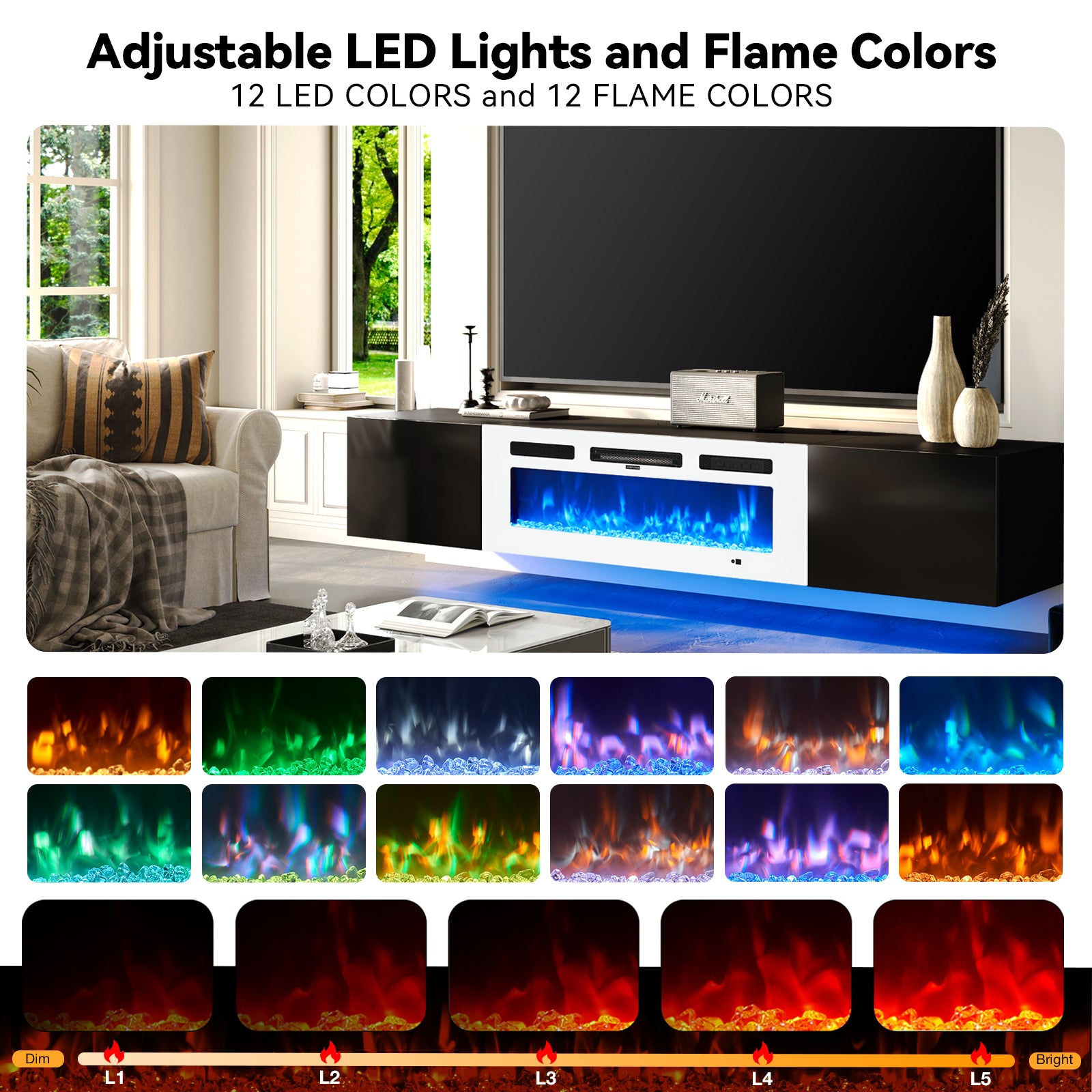 Floating TV Stand with 36" Electric Fireplace, Wall Mounted Fireplace Entertainment Center with Storage for TVs Up to 80", Adjustable Partition, Black/White (Black TV Stand + White Fireplace)