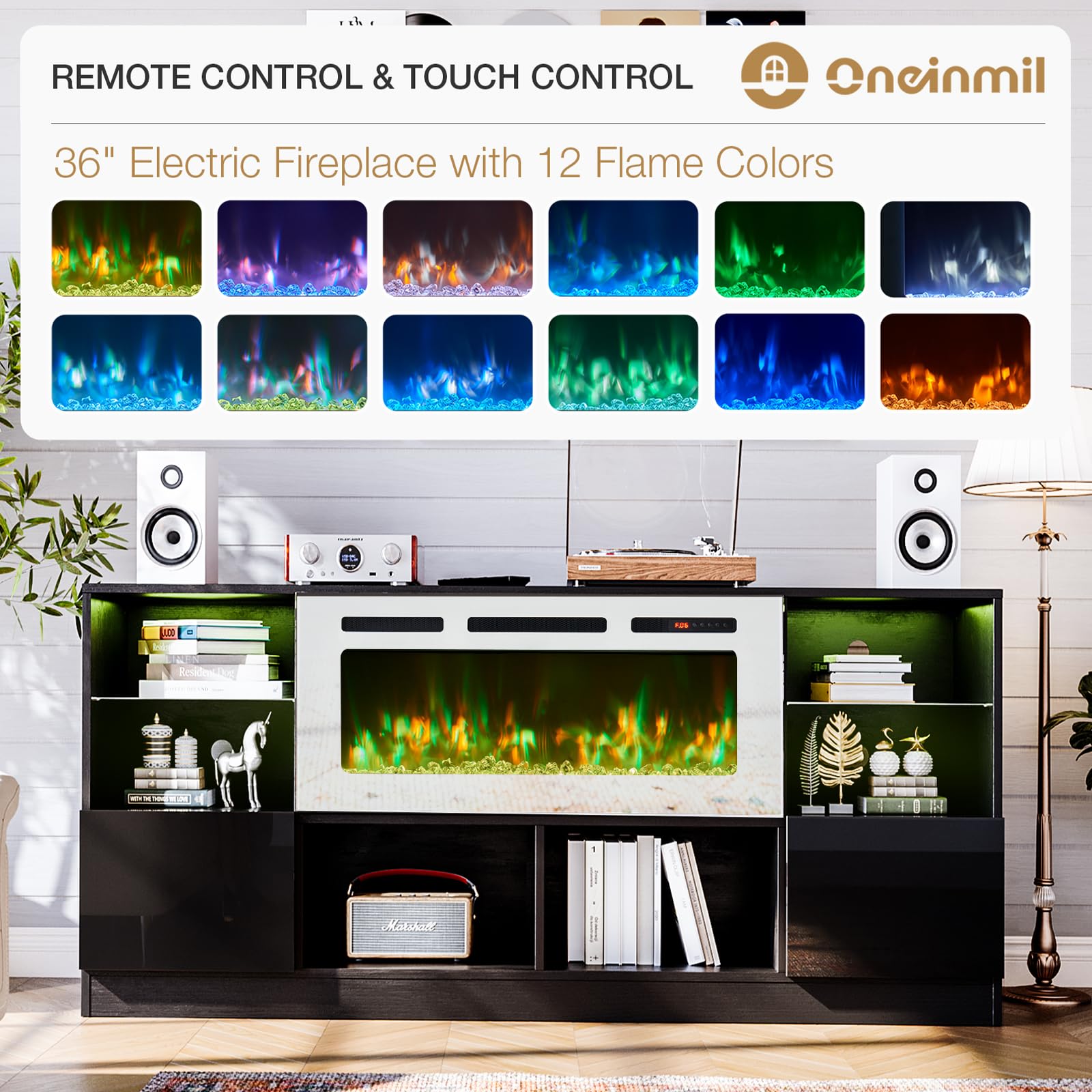 Fireplace TV Stand with 36” Electric Fireplace, 70” TV Console Stand for TVs Up to 80", LED Light Entertainment Center, Fireplace for The Living Room TV Stand, Black