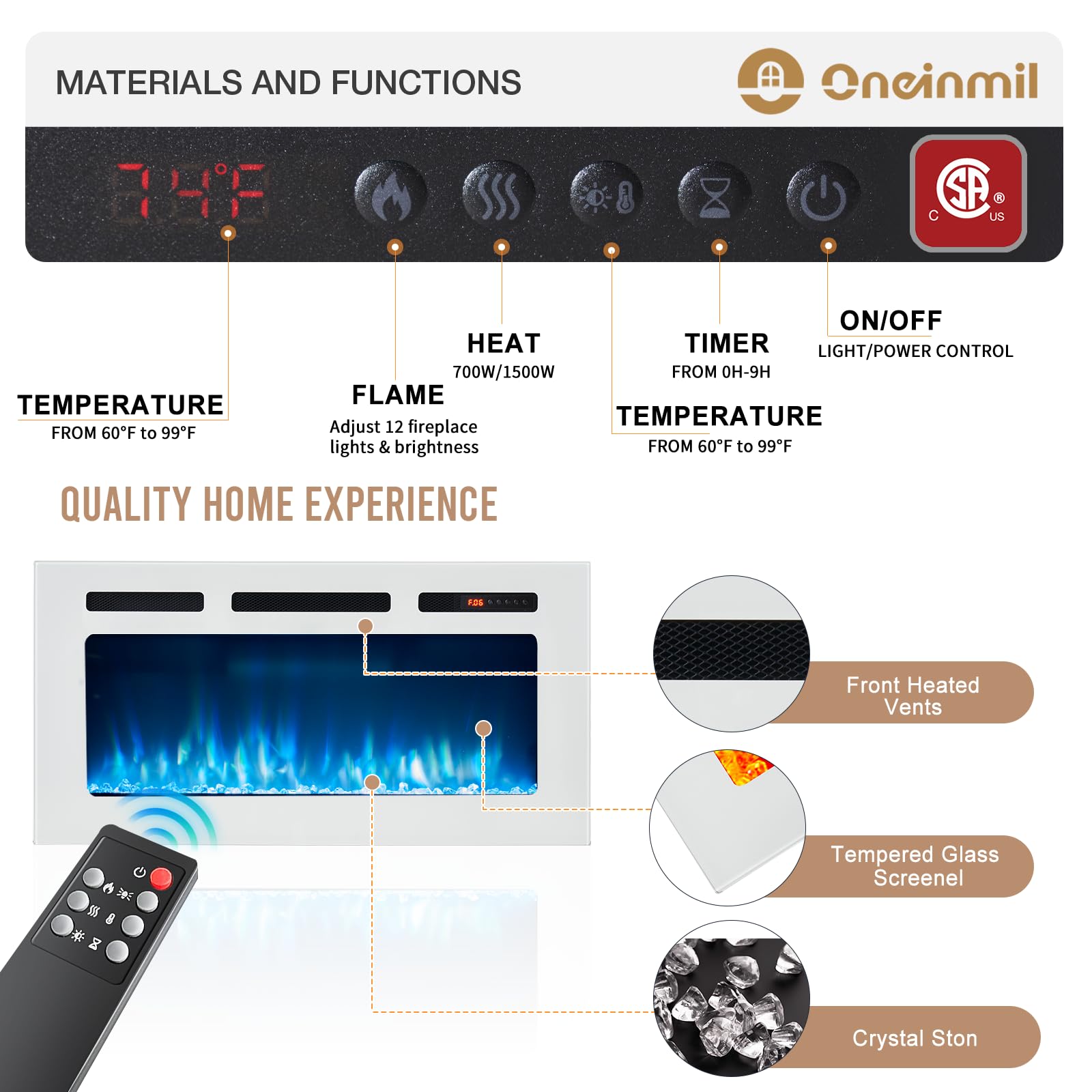 Fireplace TV Stand with 36” Electric Fireplace, 70” TV Console Stand for TVs Up to 80", LED Light Entertainment Center, Fireplace for The Living Room TV Stand, Black