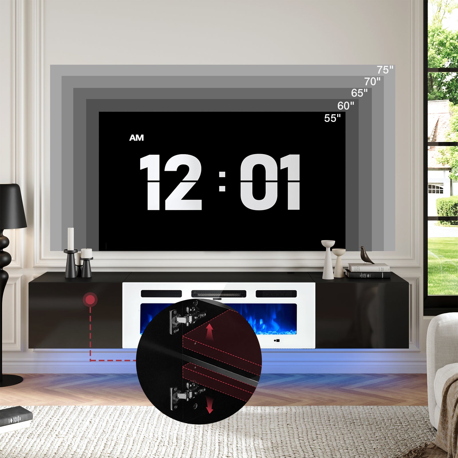 Floating TV Stand with 36" Electric Fireplace, Wall Mounted Fireplace Entertainment Center with Storage for TVs Up to 80", Adjustable Partition, Black/White (Black TV Stand + White Fireplace)