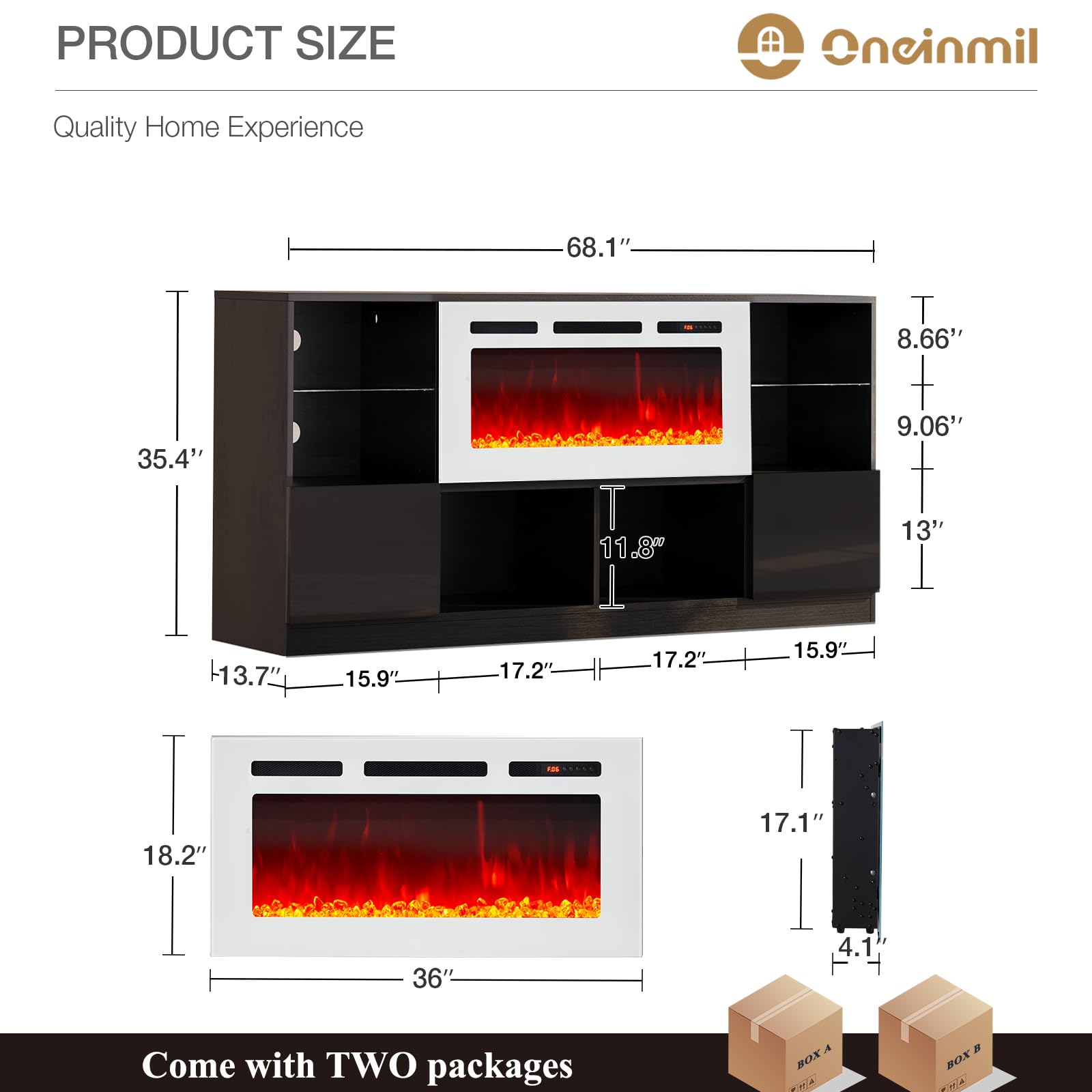 Fireplace TV Stand with 36” Electric Fireplace, 70” TV Console Stand for TVs Up to 80", LED Light Entertainment Center, Fireplace for The Living Room TV Stand, Black