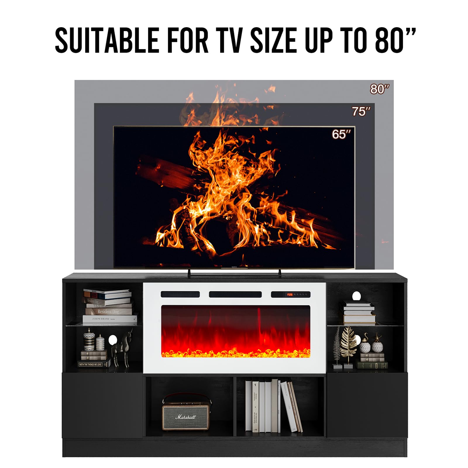 Fireplace TV Stand with 36” Electric Fireplace, 70” TV Console Stand for TVs Up to 80", LED Light Entertainment Center, Fireplace for The Living Room TV Stand, Black