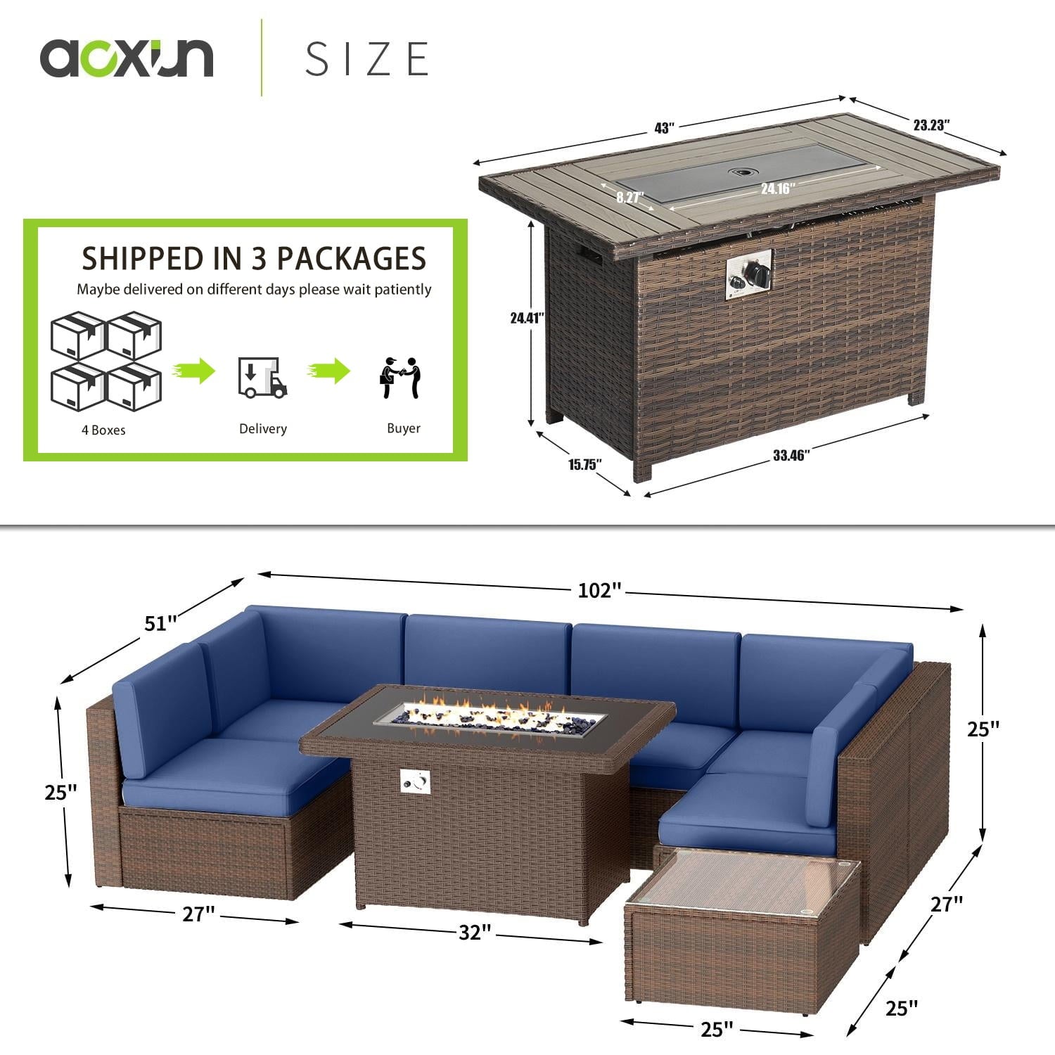 8 Piece Patio Furniture Set, Outdoor Patio Furniture Sets with Fire Pit, Wicker Patio Furniture, Outdoor Conversation Set with Blue Cushions