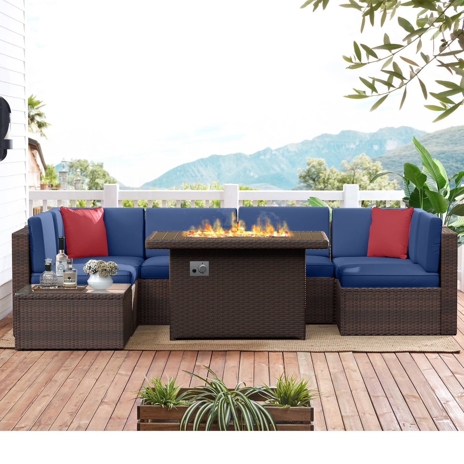 8 Piece Patio Furniture Set, Outdoor Patio Furniture Sets with Fire Pit, Wicker Patio Furniture, Outdoor Conversation Set with Blue Cushions