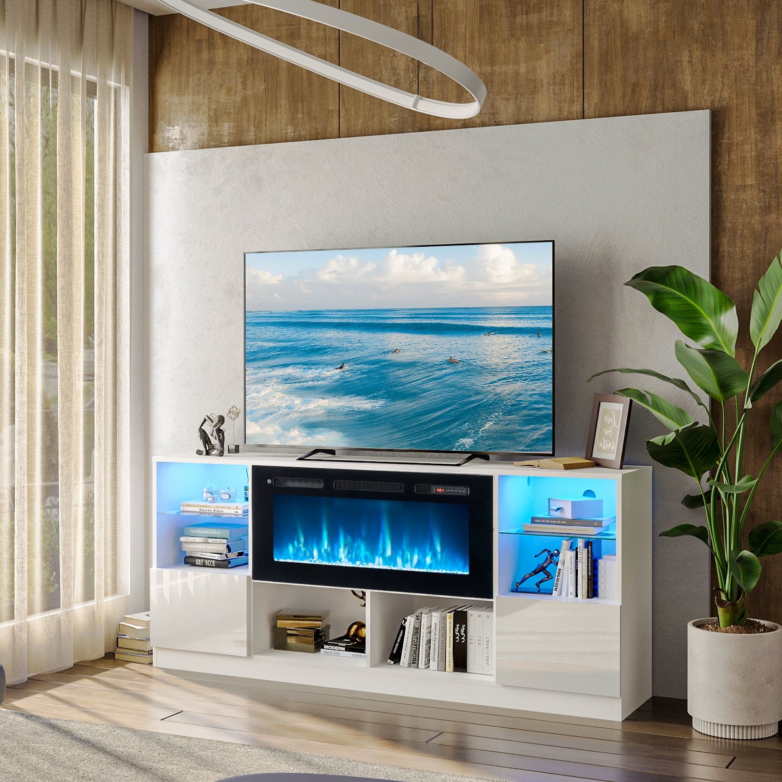 Fireplace TV Stand with Electric Fireplace, 70” LED Light Entertainment Center for TVs Up to 80", TV Console Stand, Fireplace for The Living Room TV Stand, White