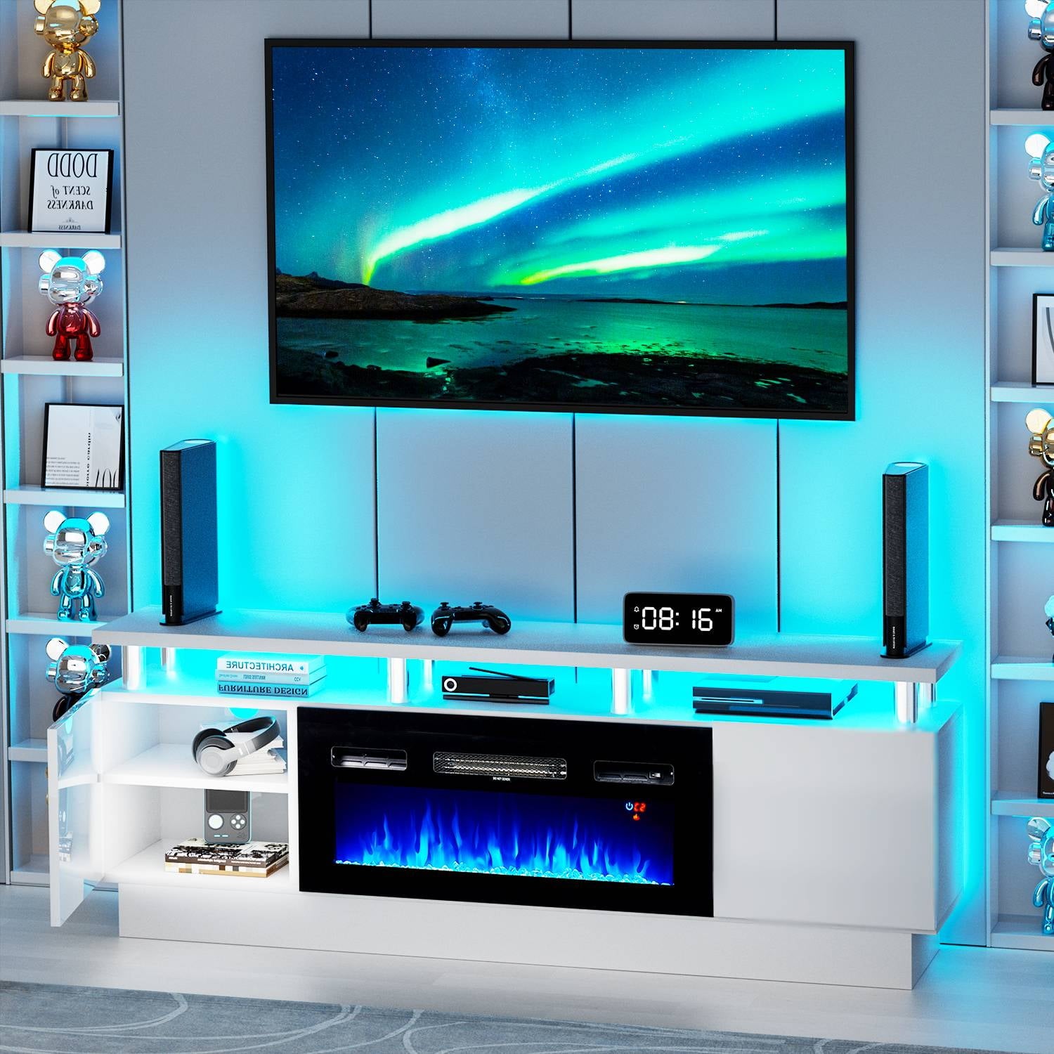 up to 80" TVs, TV Stand with 36" Fireplace and Adjustable Shelves, 12 Led Light Colors, White