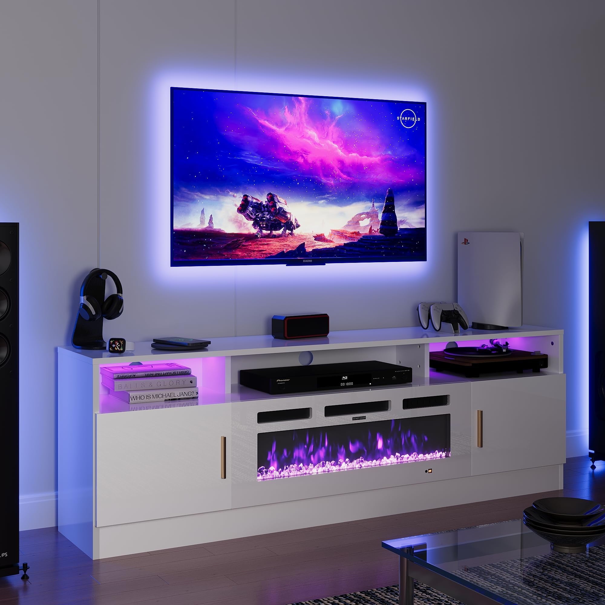 Fireplace TV Stand with 36” Electric Fireplace, 70” Fireplace Entertainment Center LED Lights, 2 Tier TV Console for TVs Up to 80", White