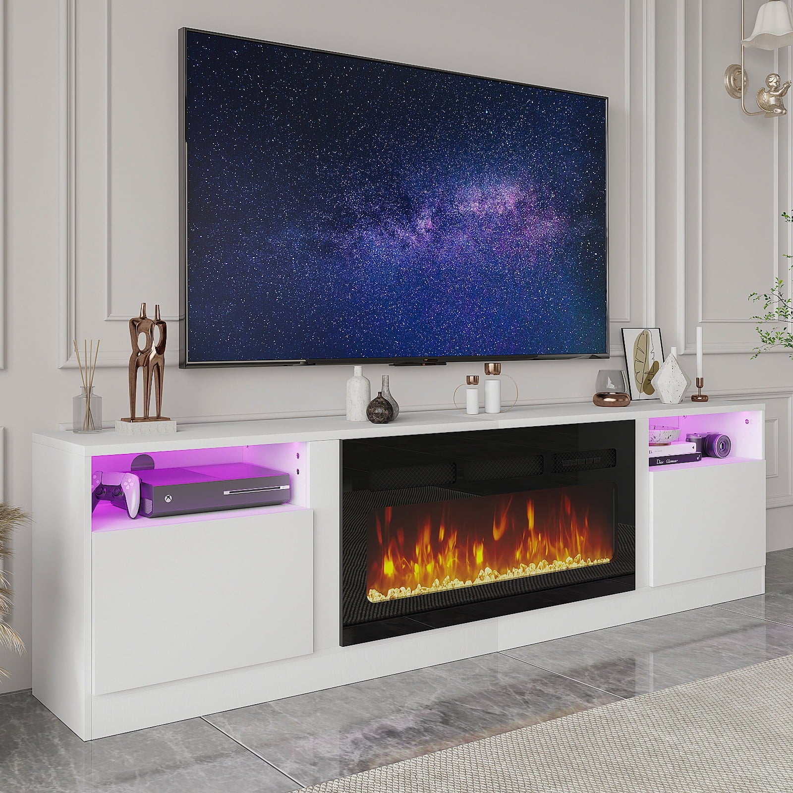Fireplace TV Stand with 36" Electric Fireplace, LED Light Entertainment Center for TVs up to 90", 79 Inches TV Console, White