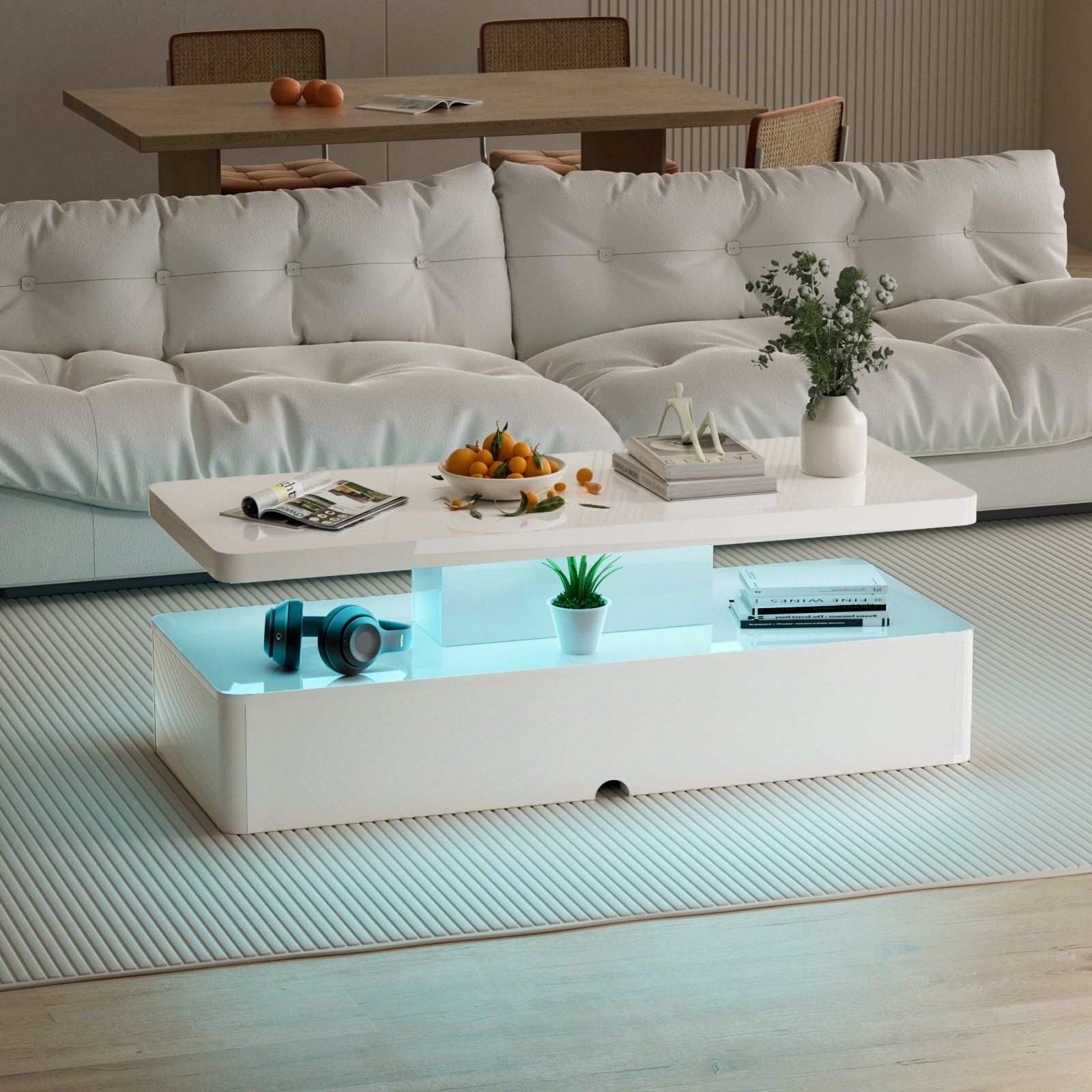 Modern Coffee Table with Led Light, Modern High Glossy Cocktail Table with Remote, White