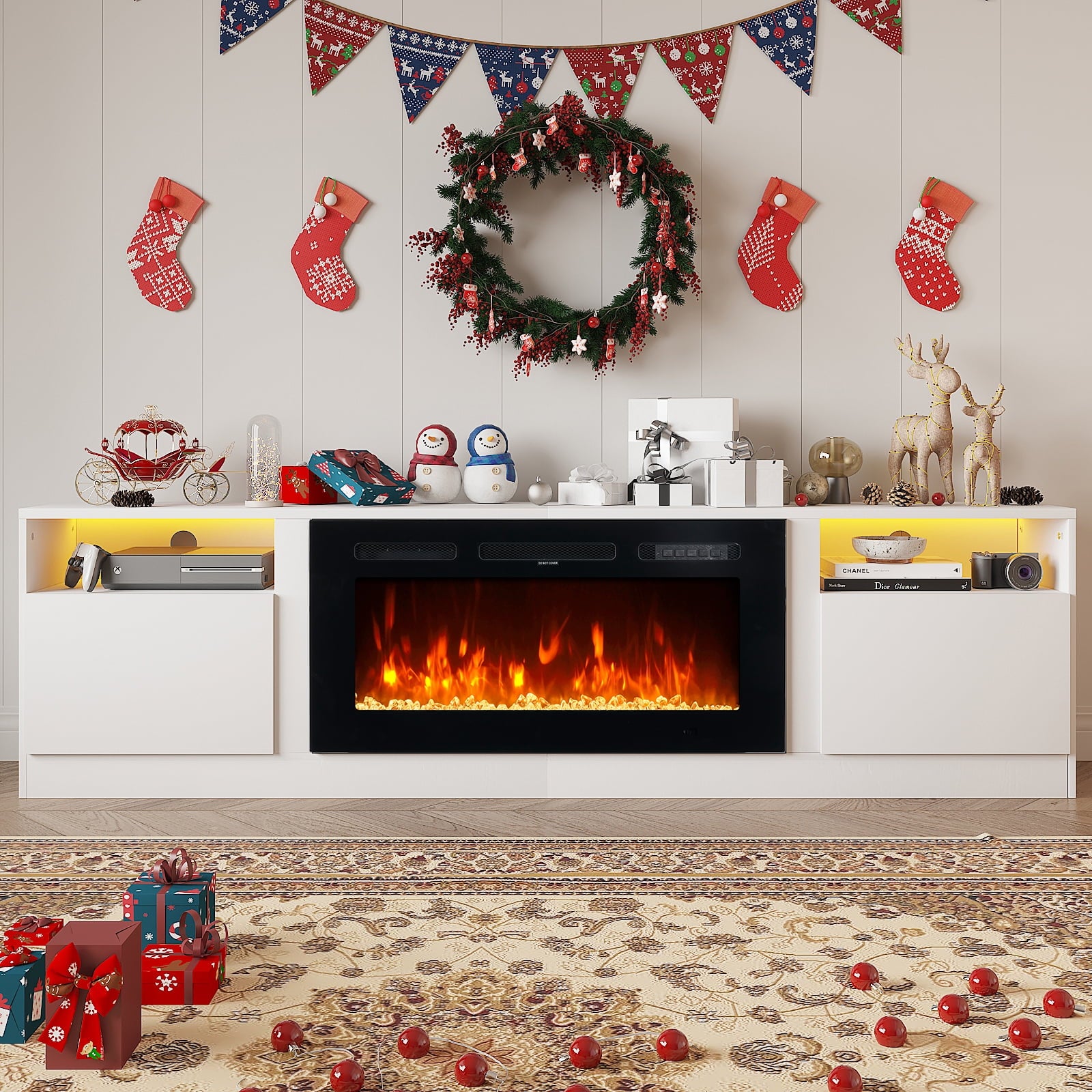 Fireplace TV Stand with 36" Electric Fireplace, LED Light Entertainment Center for TVs up to 90", 79 Inches TV Console, White