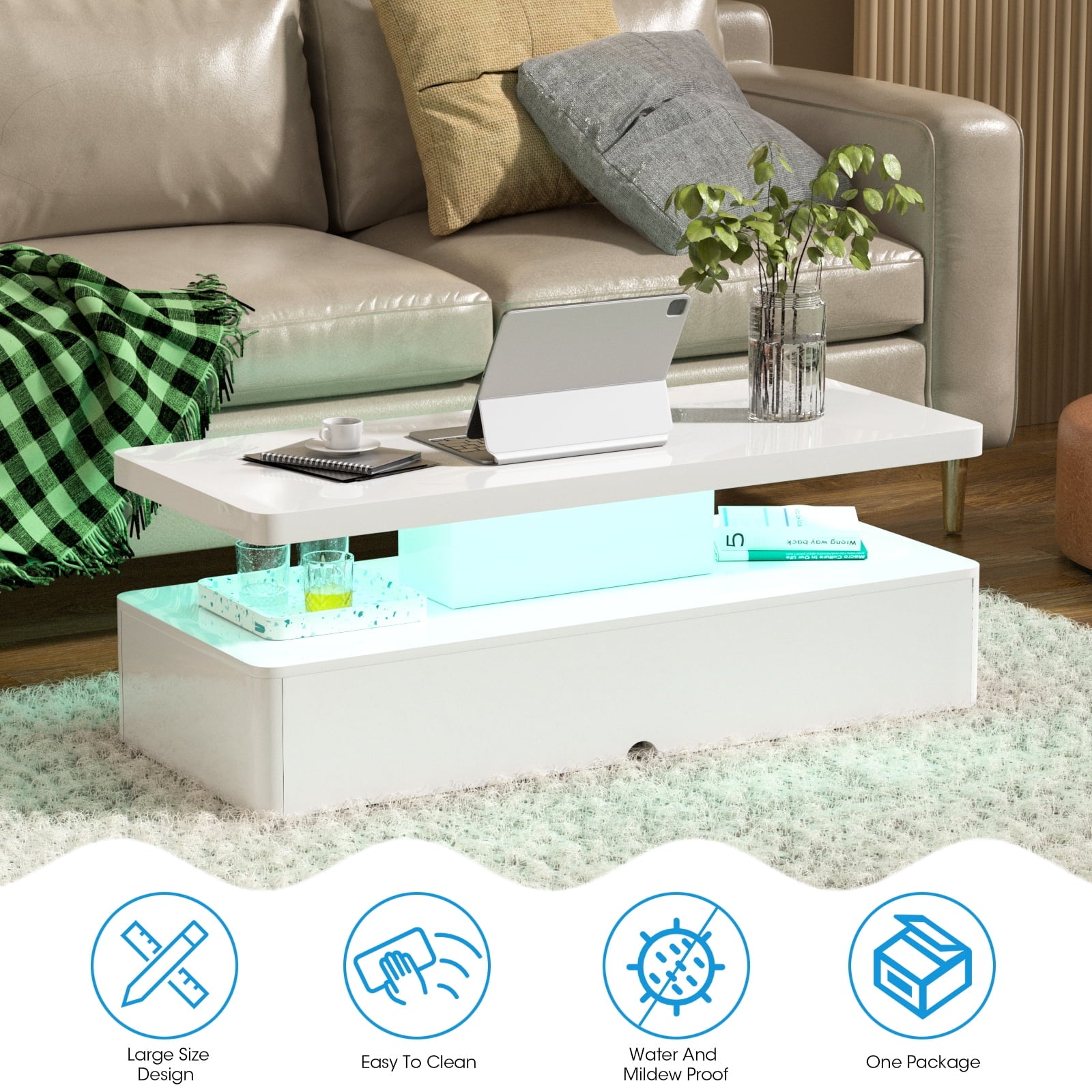 Modern Coffee Table with Led Light, Modern High Glossy Cocktail Table with Remote, White
