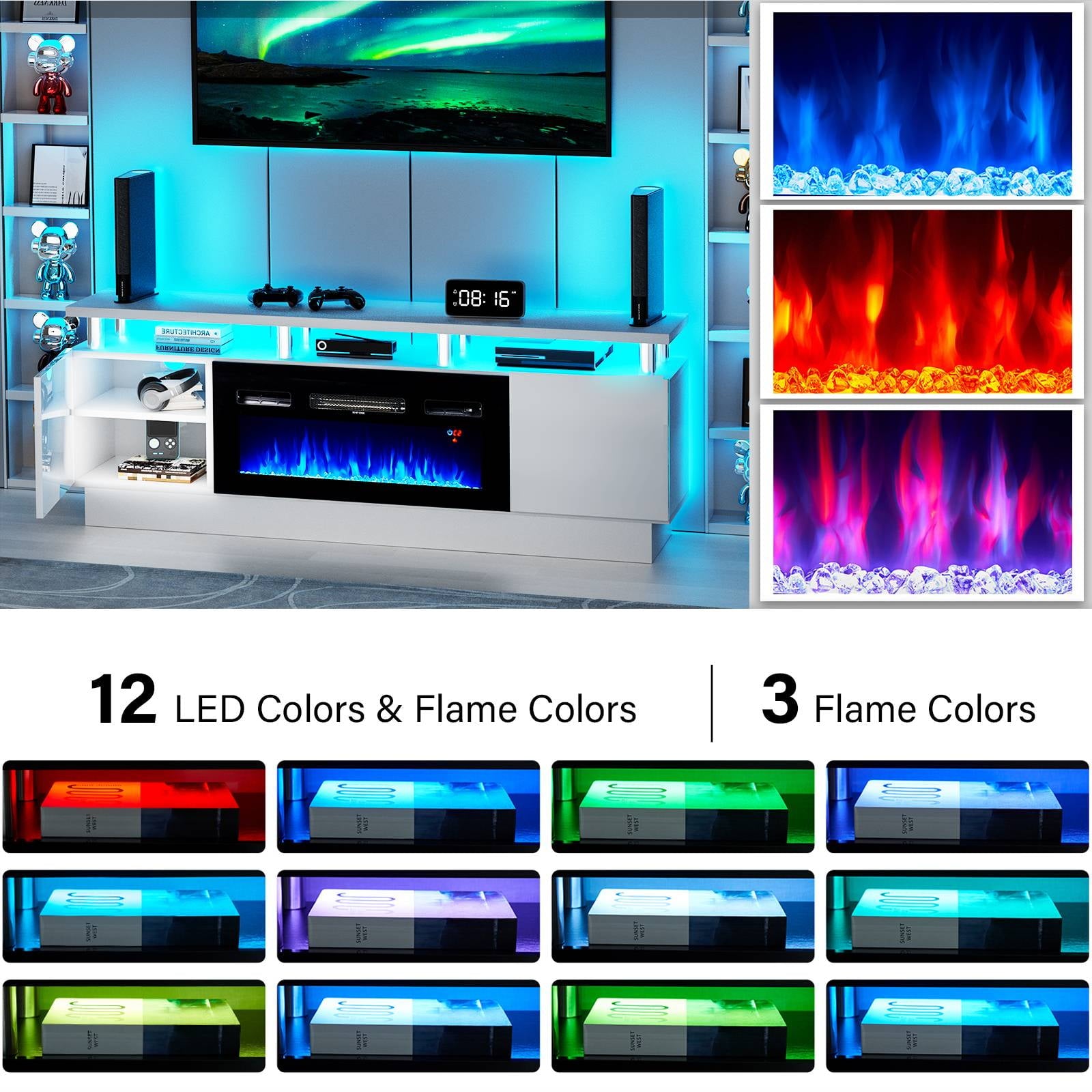 up to 80" TVs, TV Stand with 36" Fireplace and Adjustable Shelves, 12 Led Light Colors, White