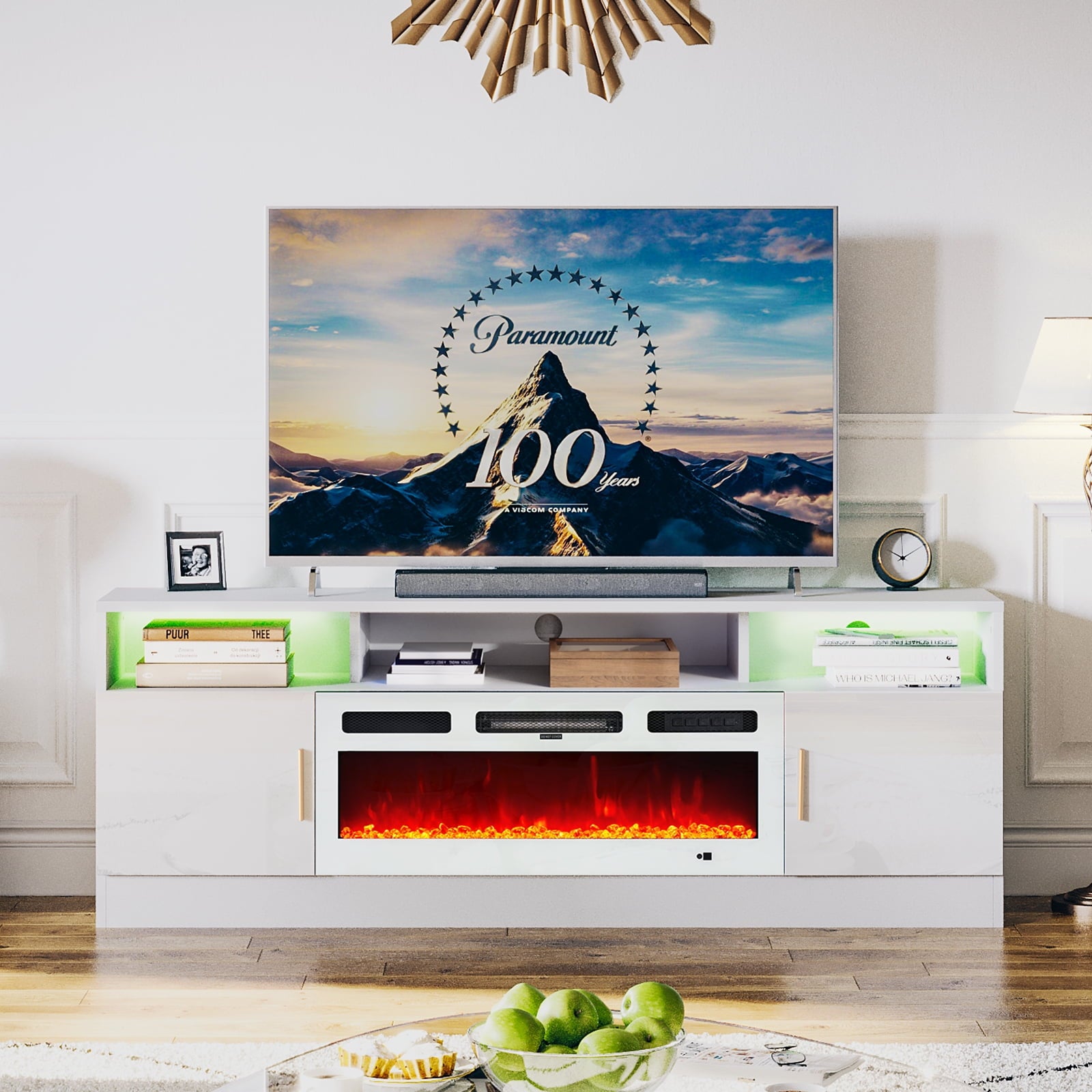 Fireplace TV Stand with 36” Electric Fireplace, 70” Fireplace Entertainment Center LED Lights, 2 Tier TV Console for TVs Up to 80", White