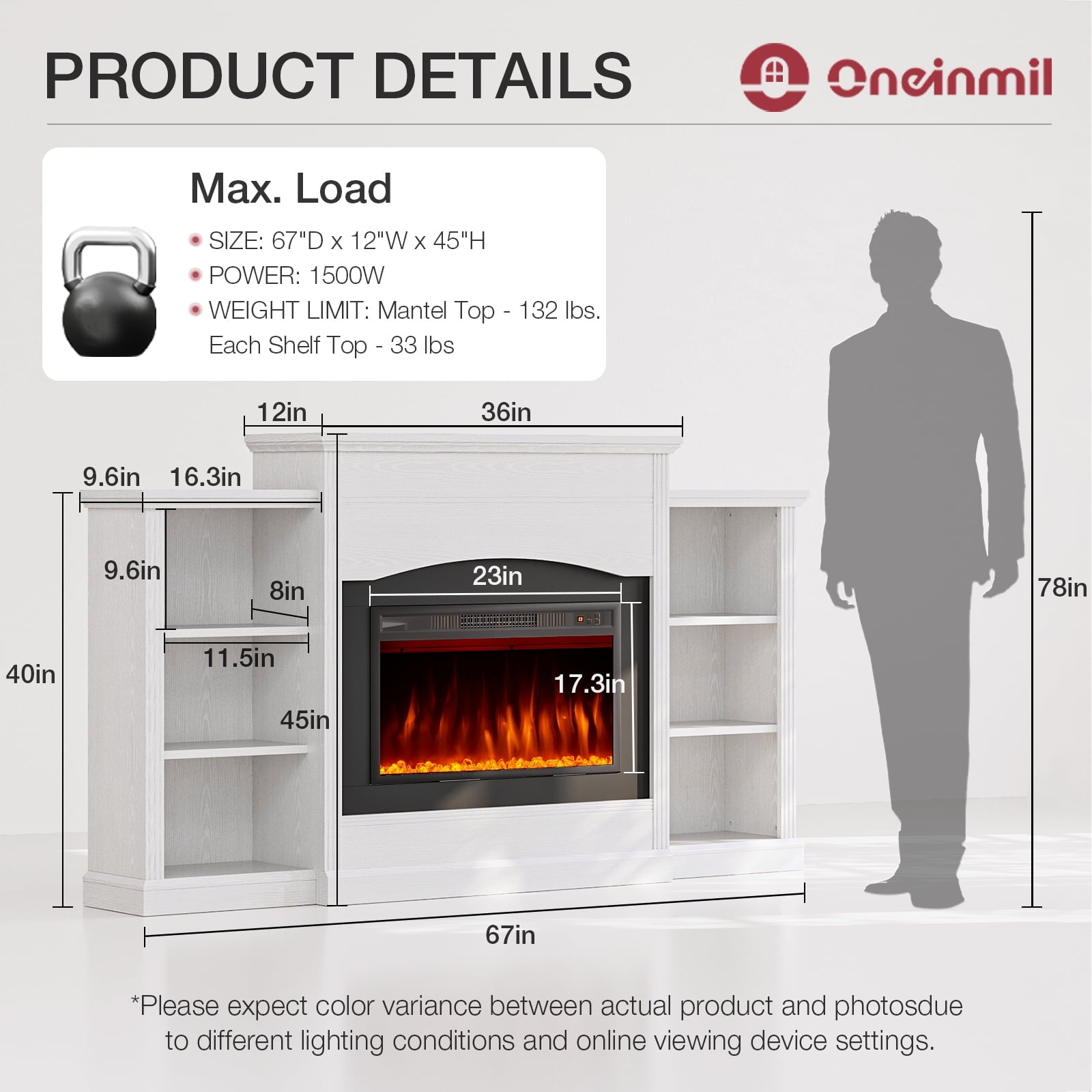 67" Electric Fireplace with Mantel, Fireplace TV Stand with Storage Shelves, 23'' Fire Places Heater with Remote Control, Freestanding, for Living Room or Bedroom, White