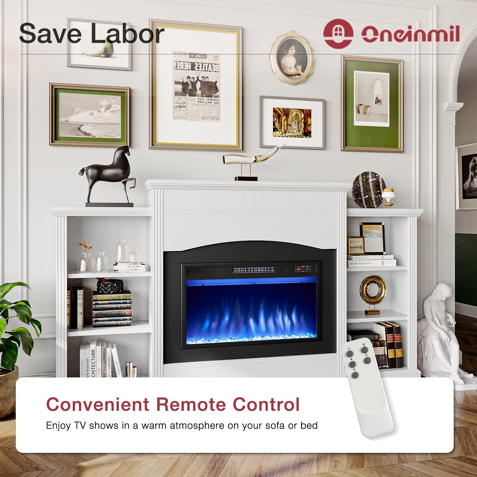 67" Electric Fireplace with Mantel, Fireplace TV Stand with Storage Shelves, 23'' Fire Places Heater with Remote Control, Freestanding, for Living Room or Bedroom, White