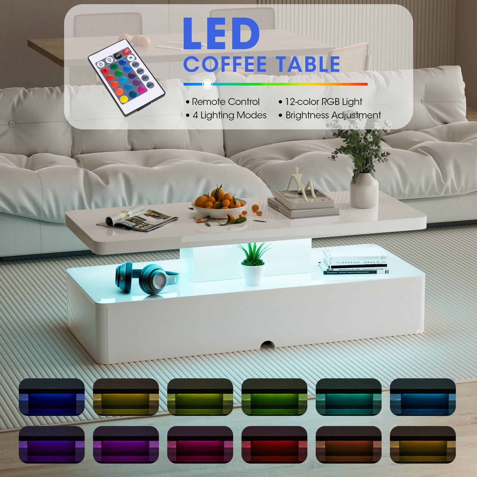 Modern Coffee Table with Led Light, Modern High Glossy Cocktail Table with Remote, White