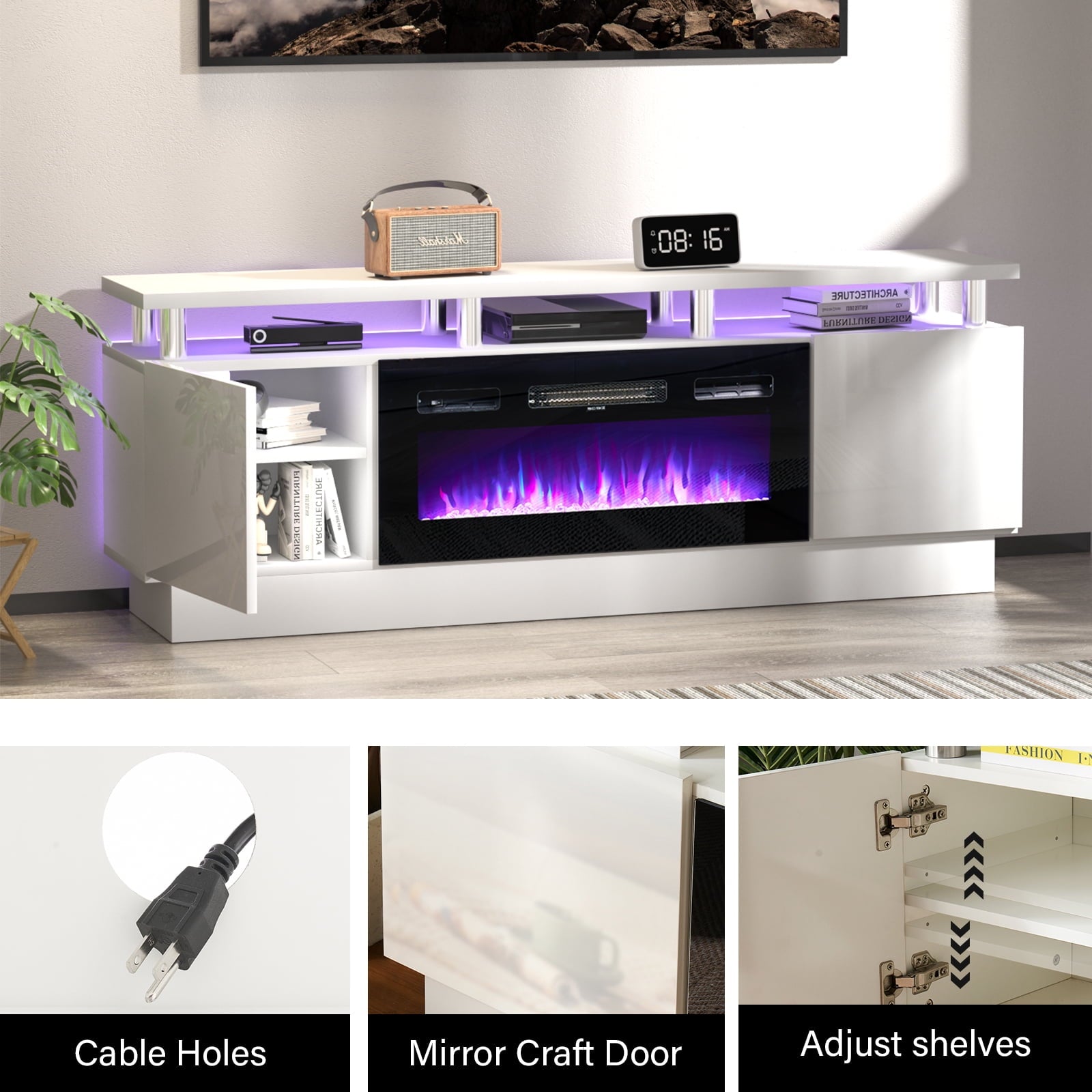 up to 80" TVs, TV Stand with 36" Fireplace and Adjustable Shelves, 12 Led Light Colors, White