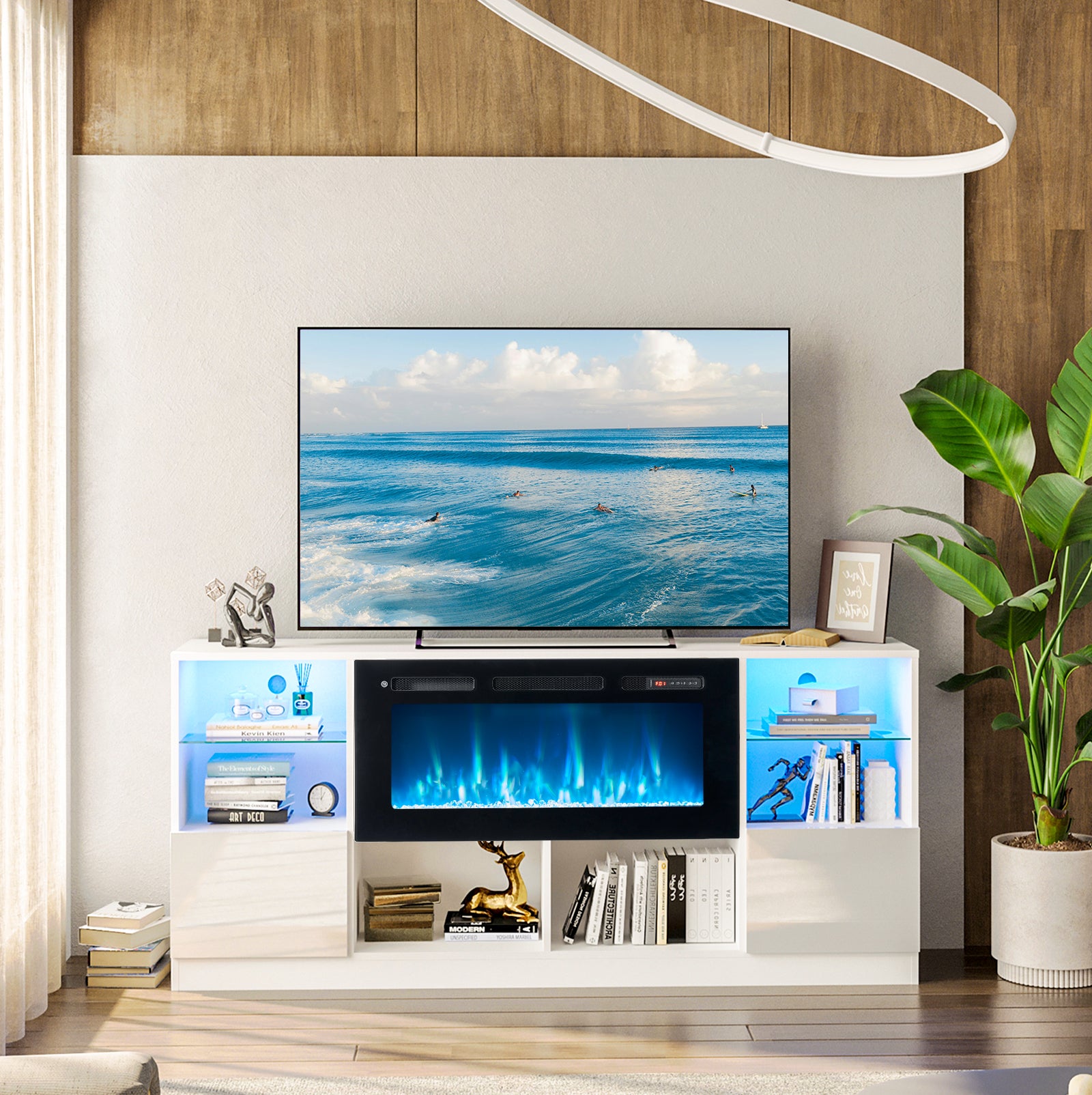 Fireplace TV Stand with Electric Fireplace, 70” LED Light Entertainment Center for TVs Up to 80", TV Console Stand, Fireplace for The Living Room TV Stand, White