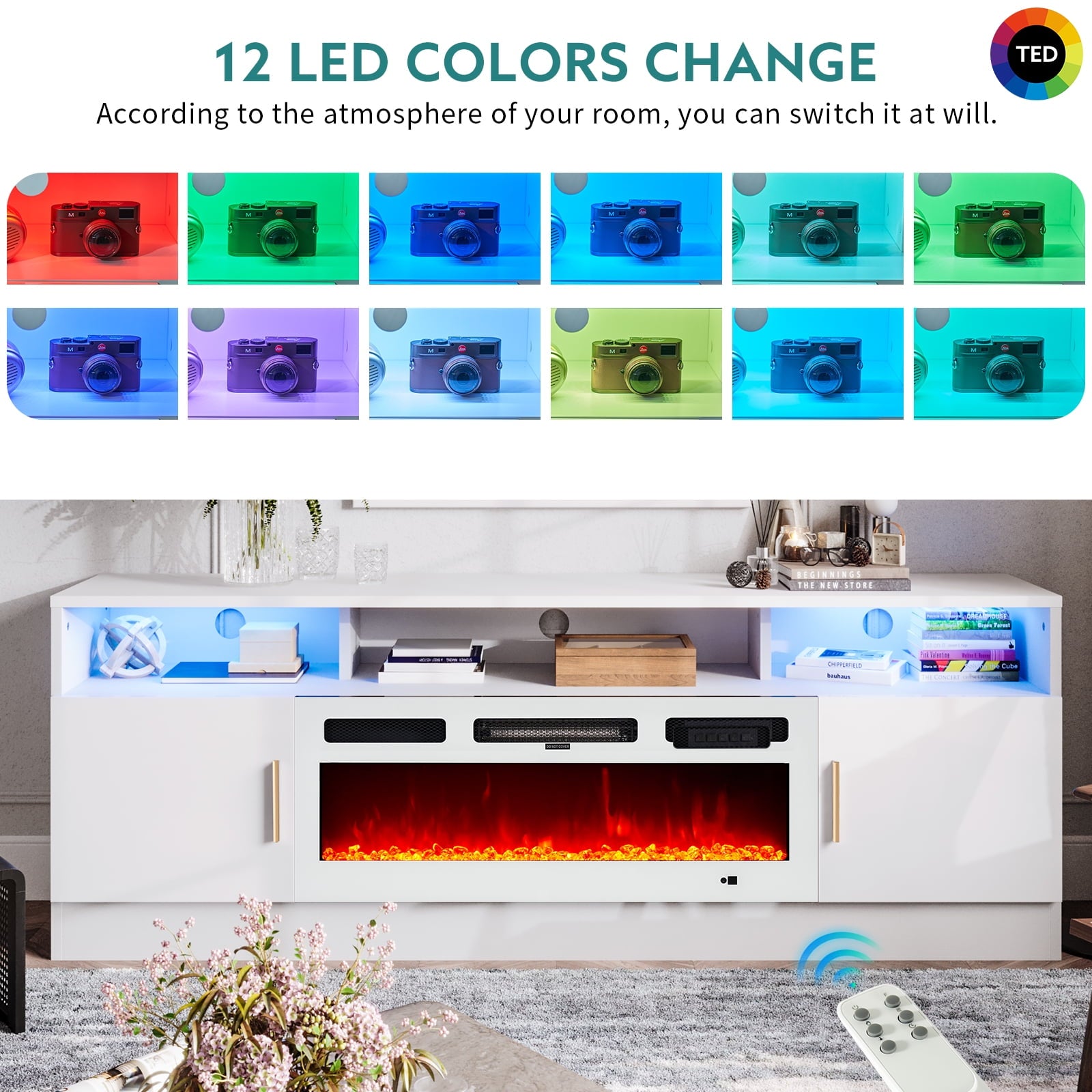 Fireplace TV Stand with 36” Electric Fireplace, 70” Fireplace Entertainment Center LED Lights, 2 Tier TV Console for TVs Up to 80", White