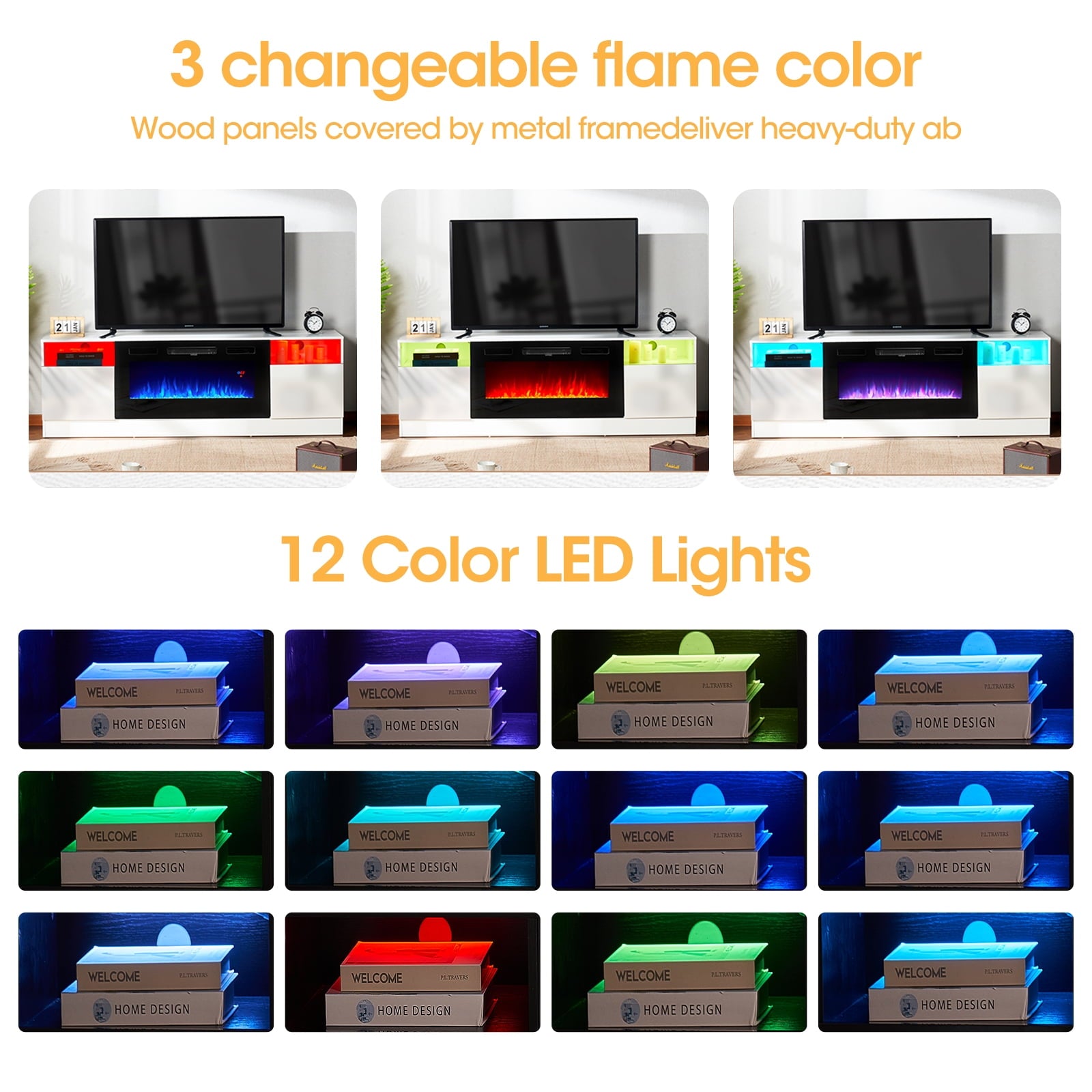 70" TV Stand with 36" Electric Fireplace, LED Light, for TVs up to 80", White