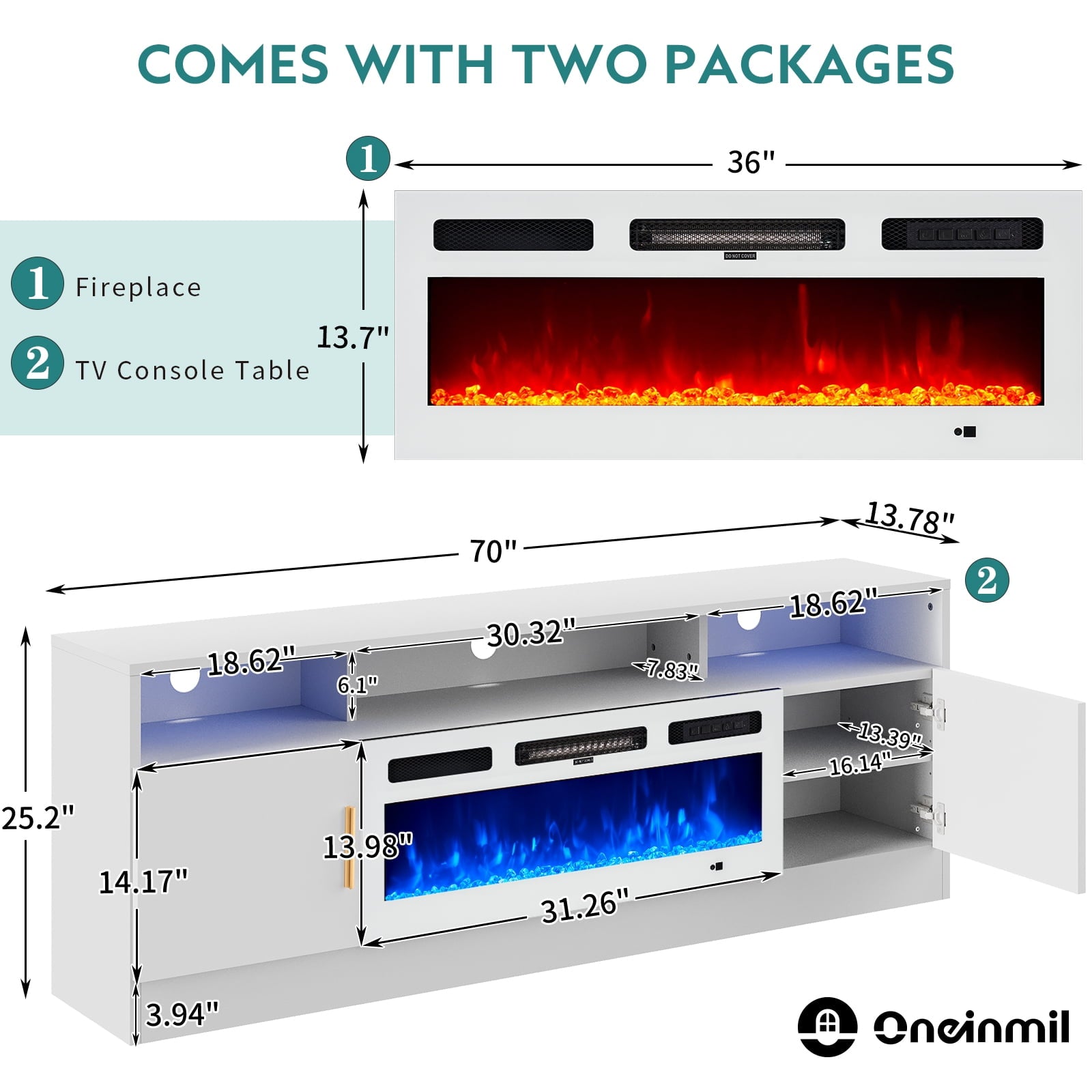 Fireplace TV Stand with 36” Electric Fireplace, 70” Fireplace Entertainment Center LED Lights, 2 Tier TV Console for TVs Up to 80", White