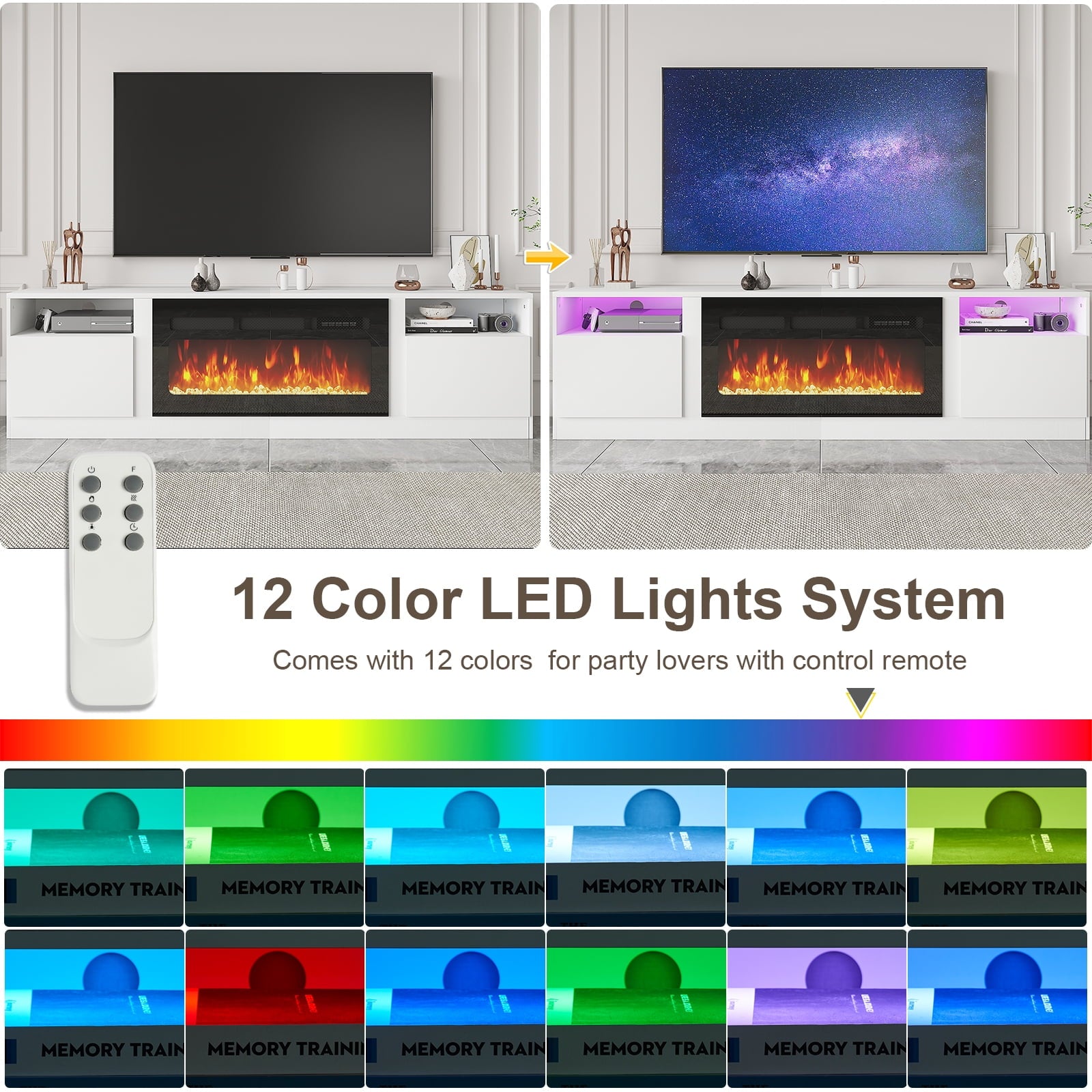 Fireplace TV Stand with 36" Electric Fireplace, LED Light Entertainment Center for TVs up to 90", 79 Inches TV Console, White