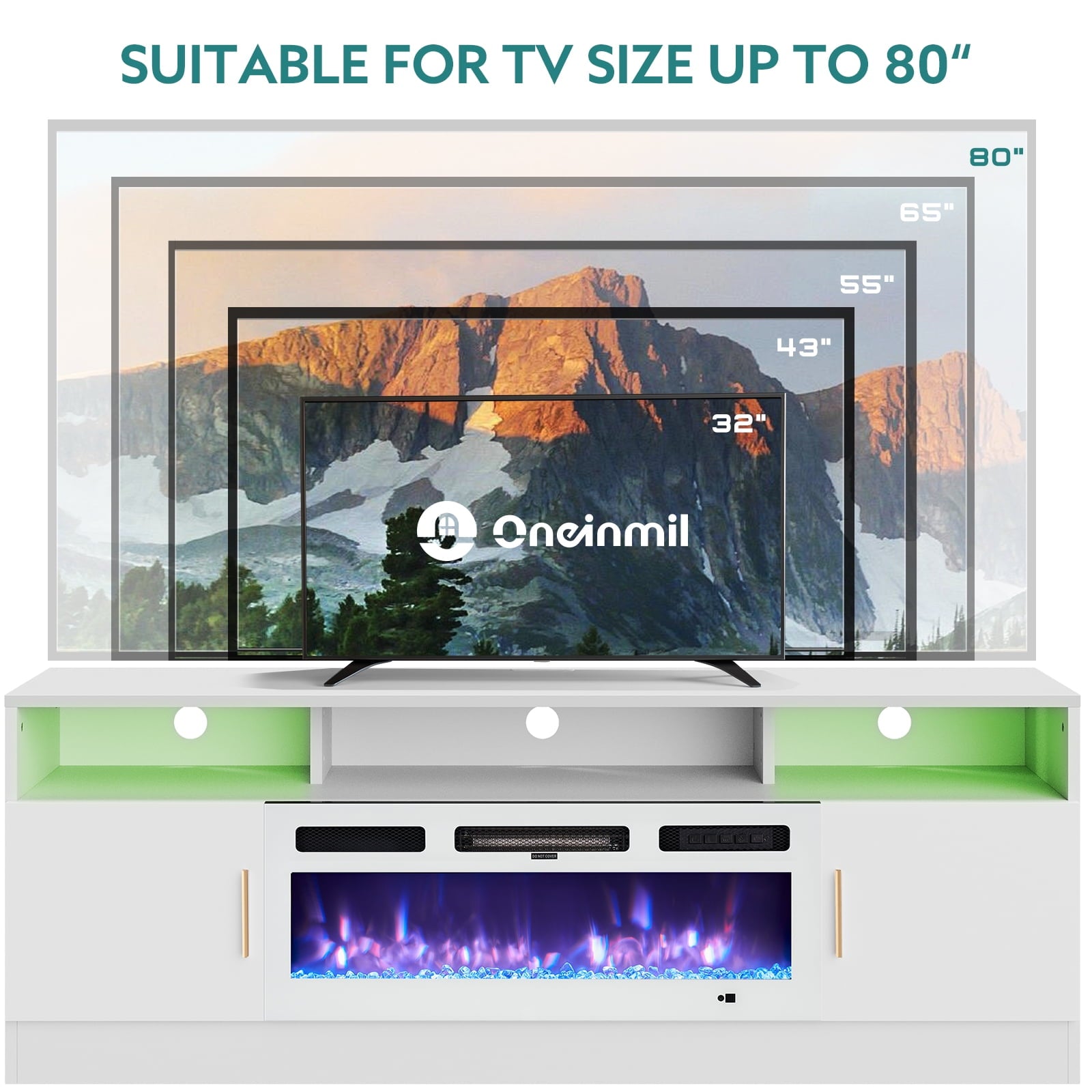 Fireplace TV Stand with 36” Electric Fireplace, 70” Fireplace Entertainment Center LED Lights, 2 Tier TV Console for TVs Up to 80", White