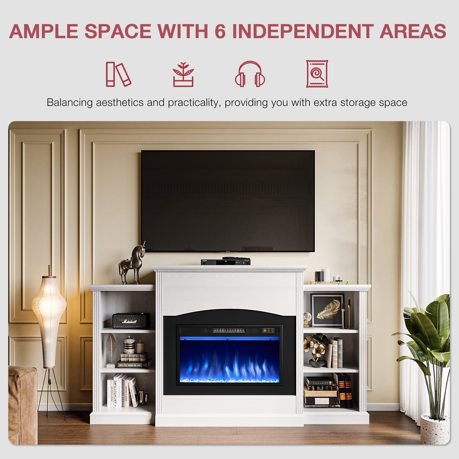 67" Electric Fireplace with Mantel, Fireplace TV Stand with Storage Shelves, 23'' Fire Places Heater with Remote Control, Freestanding, for Living Room or Bedroom, White
