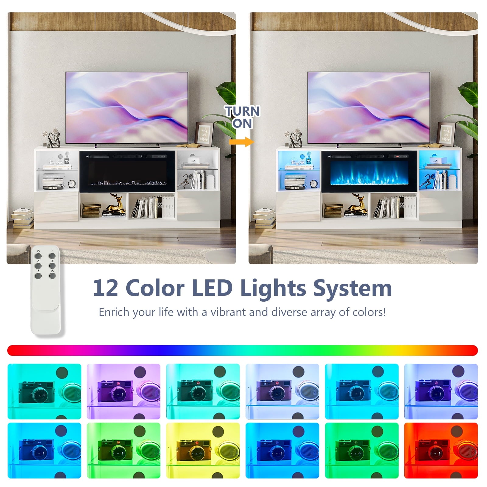 Fireplace TV Stand with Electric Fireplace, 70” LED Light Entertainment Center for TVs Up to 80", TV Console Stand, Fireplace for The Living Room TV Stand, White