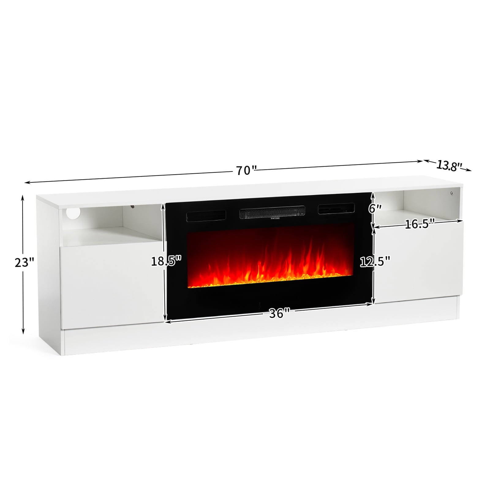 70" TV Stand with 36" Electric Fireplace, LED Light, for TVs up to 80", White