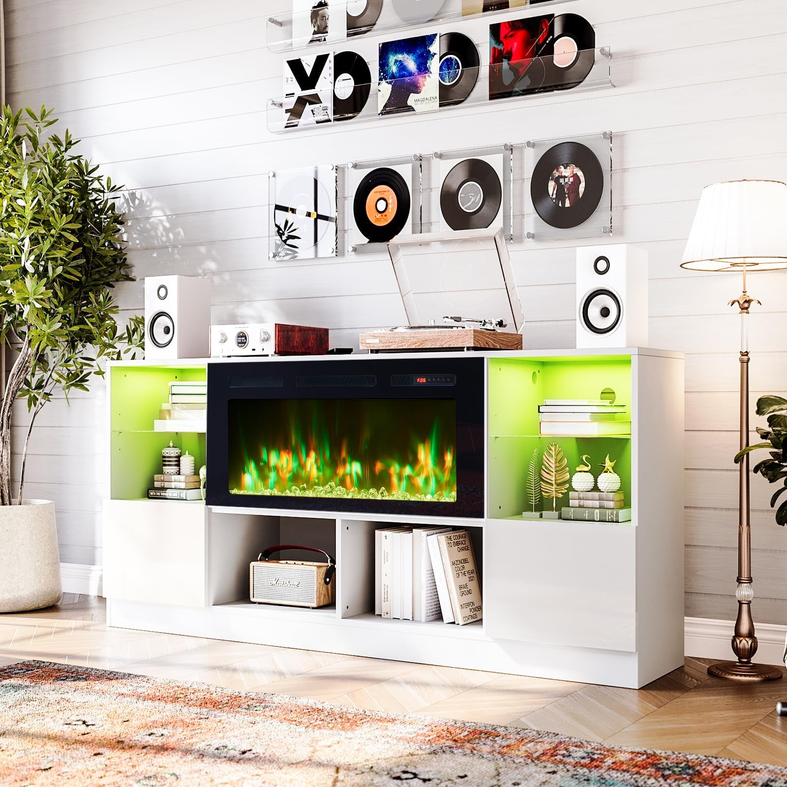 Fireplace TV Stand with 36” Electric Fireplace, 70” TV Console Stand for TVs Up to 80", LED Light Entertainment Center, Fireplace for The Living Room TV Stand, White