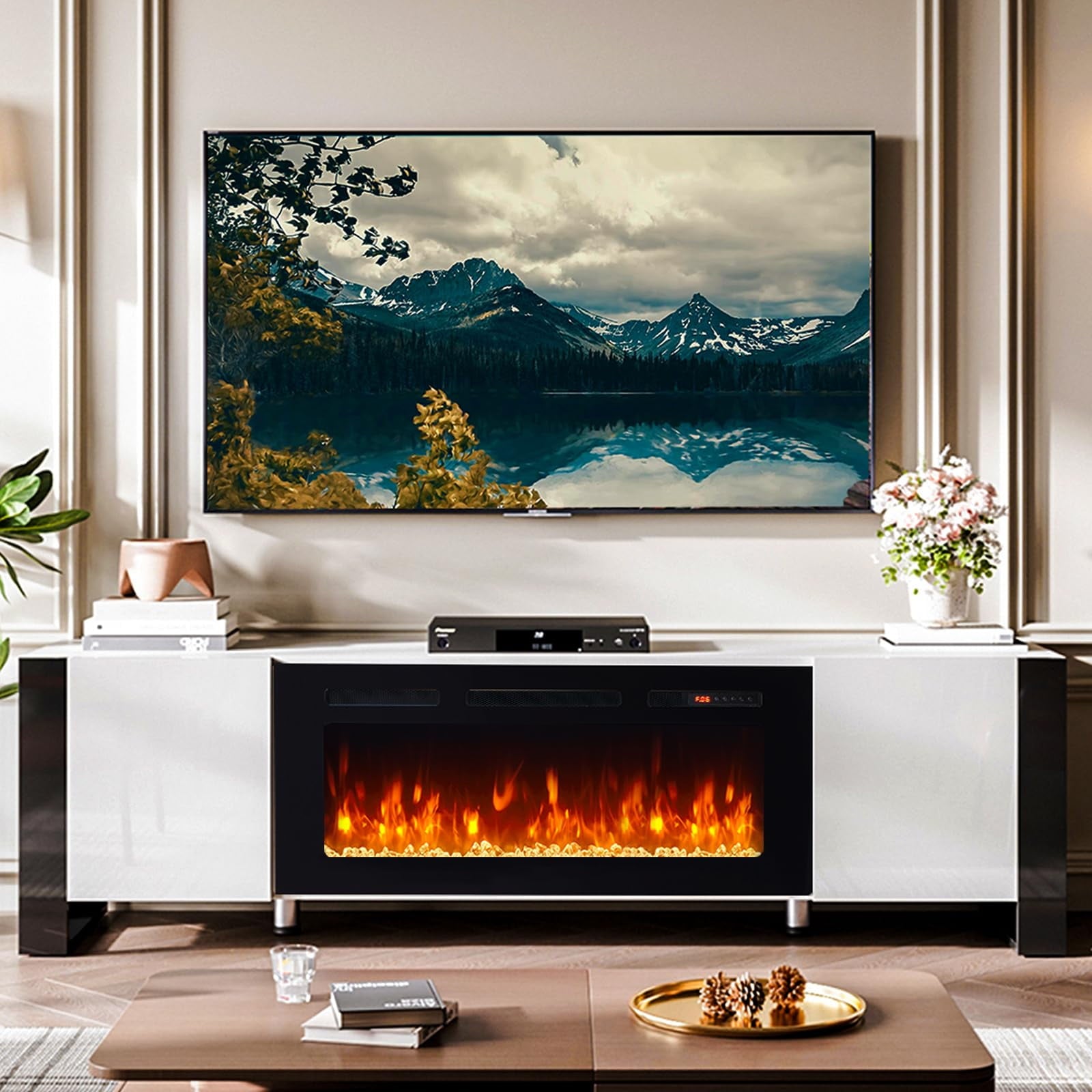 Fireplace TV Stand with 36" Fireplace, 70" Modern Entertainment Center LED Lights, Adjustable Legs TV Console Cabinet for TVs Up to 80", White TV Stand and Black Fireplace