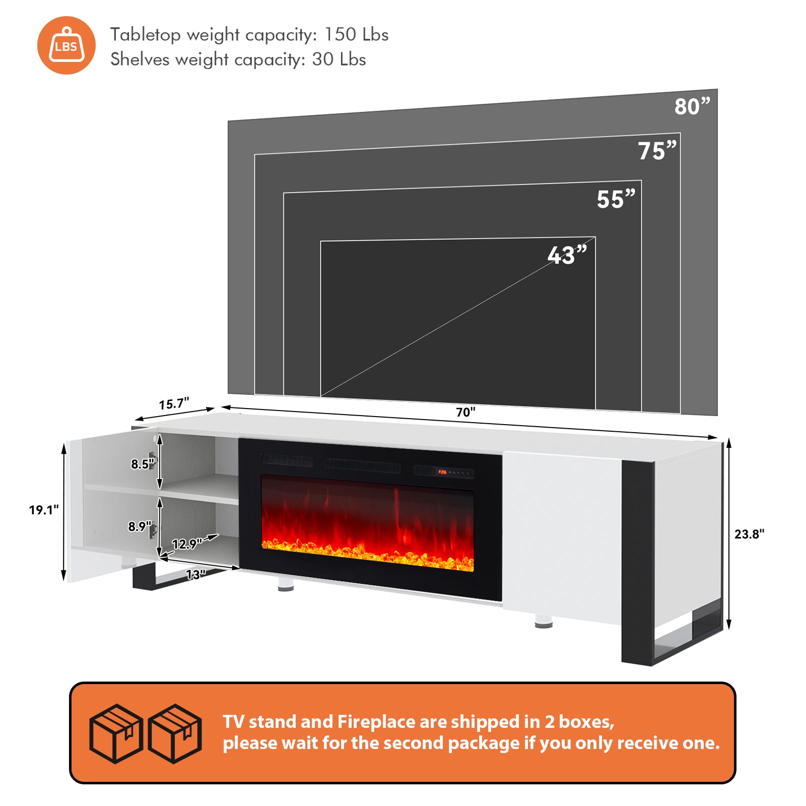 Fireplace TV Stand with 36" Fireplace, 70" Modern Entertainment Center LED Lights, Adjustable Legs TV Console Cabinet for TVs Up to 80", White TV Stand and Black Fireplace