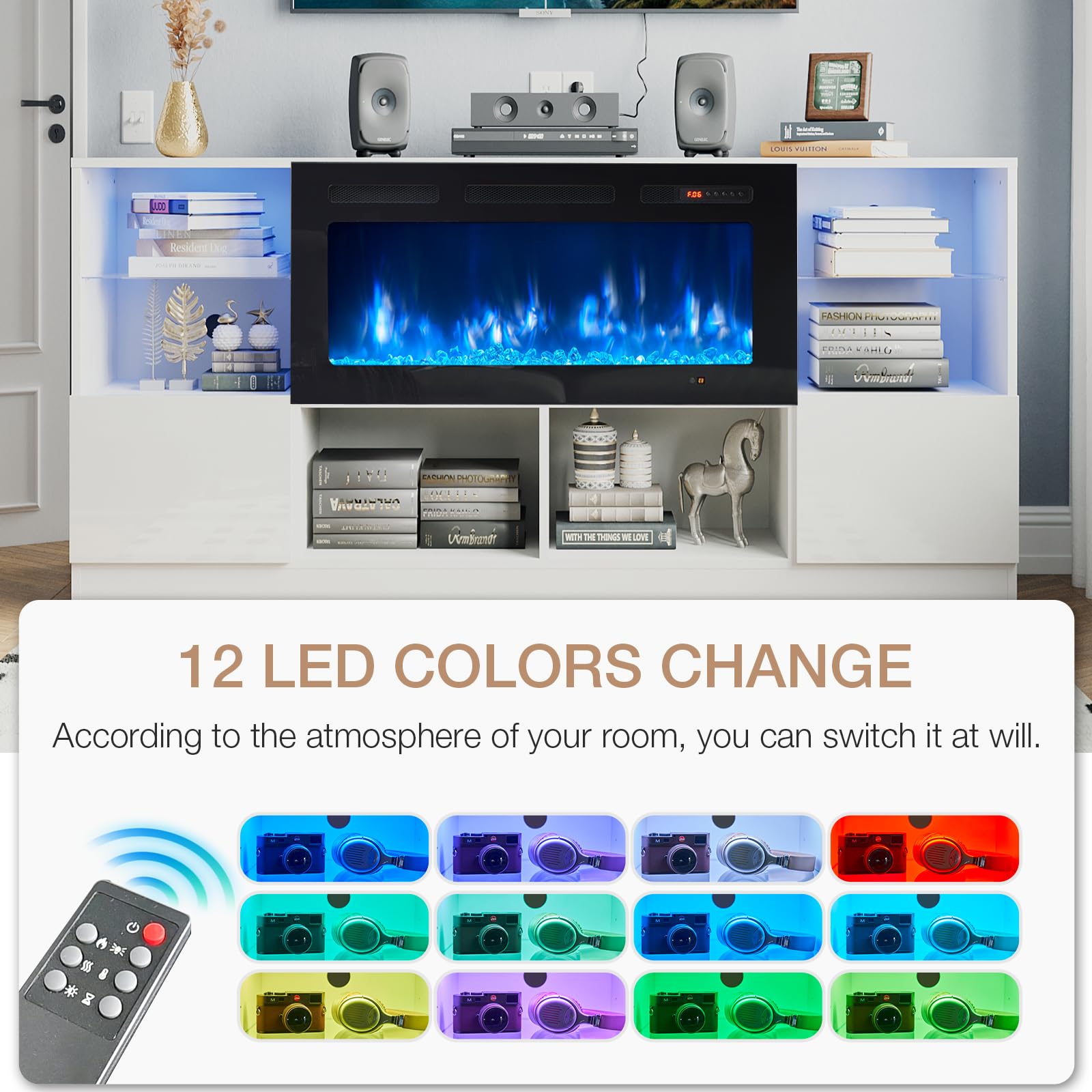 Fireplace TV Stand with 36” Electric Fireplace, 70” TV Console Stand for TVs Up to 80", LED Light Entertainment Center, Fireplace for The Living Room TV Stand, White