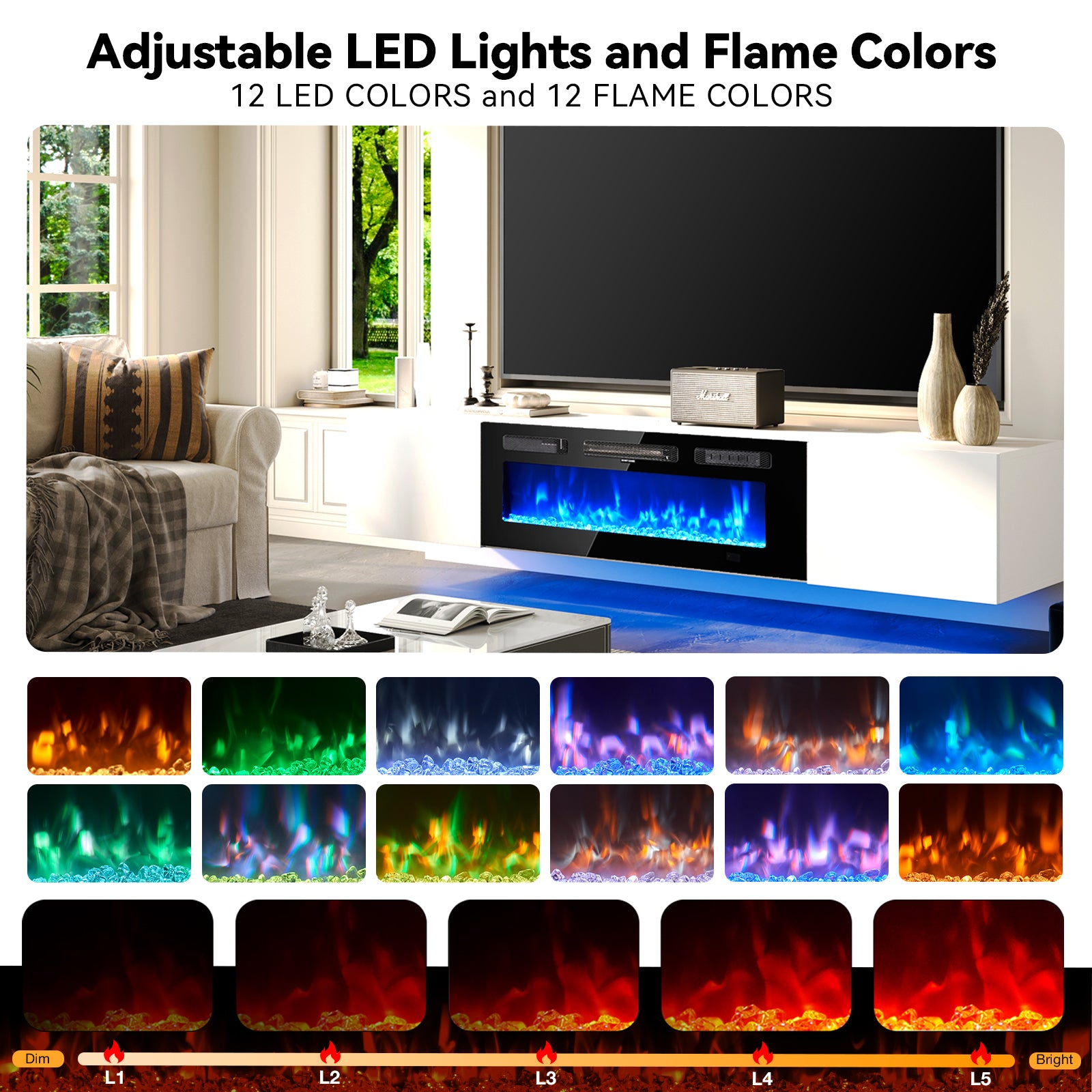 Floating TV Stand with 36" Electric Fireplace, Wall Mounted Fireplace Entertainment Center with Storage for TVs Up to 80", Adjustable Partition, Black/White (White TV Stand + Black Fireplace)