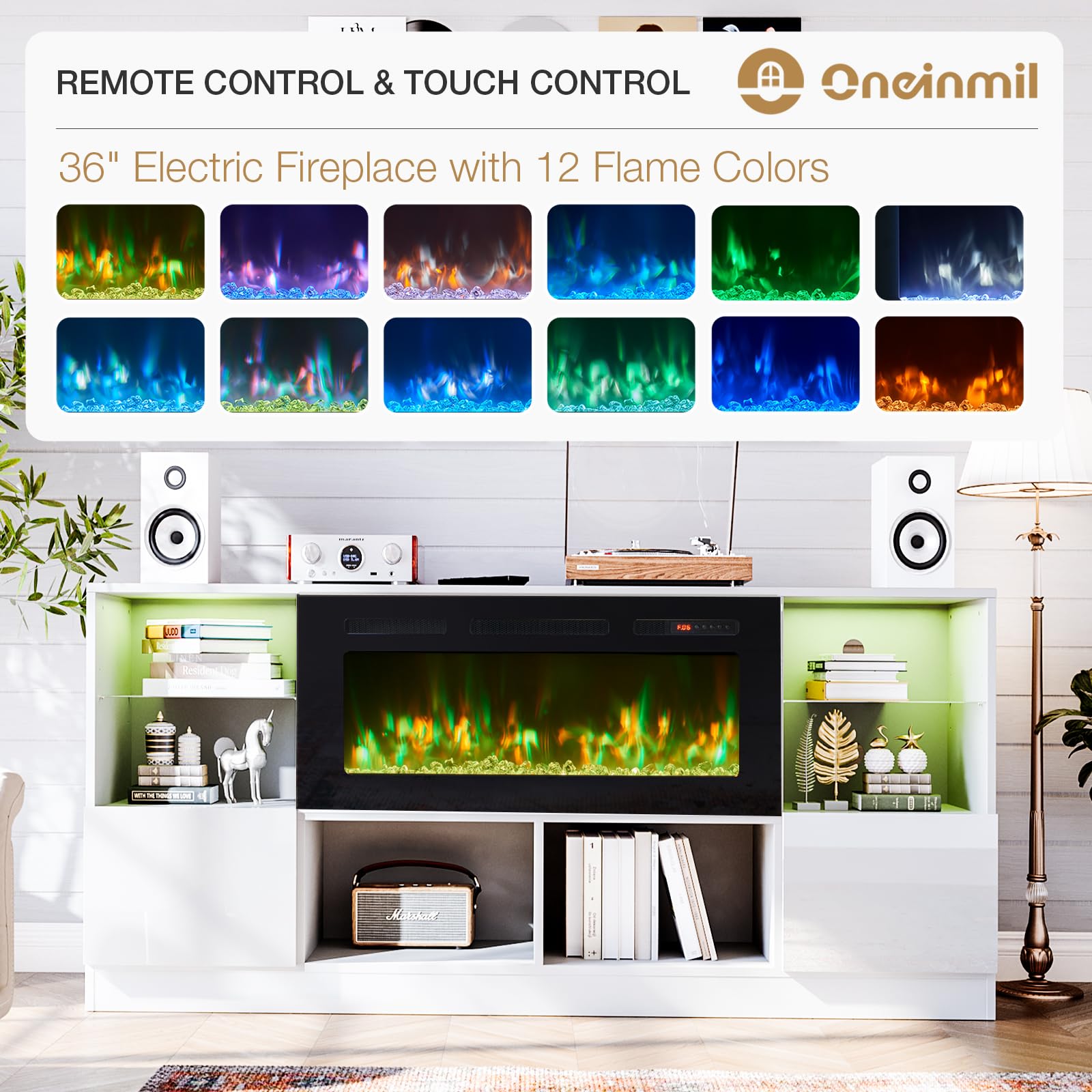 Fireplace TV Stand with 36” Electric Fireplace, 70” TV Console Stand for TVs Up to 80", LED Light Entertainment Center, Fireplace for The Living Room TV Stand, White