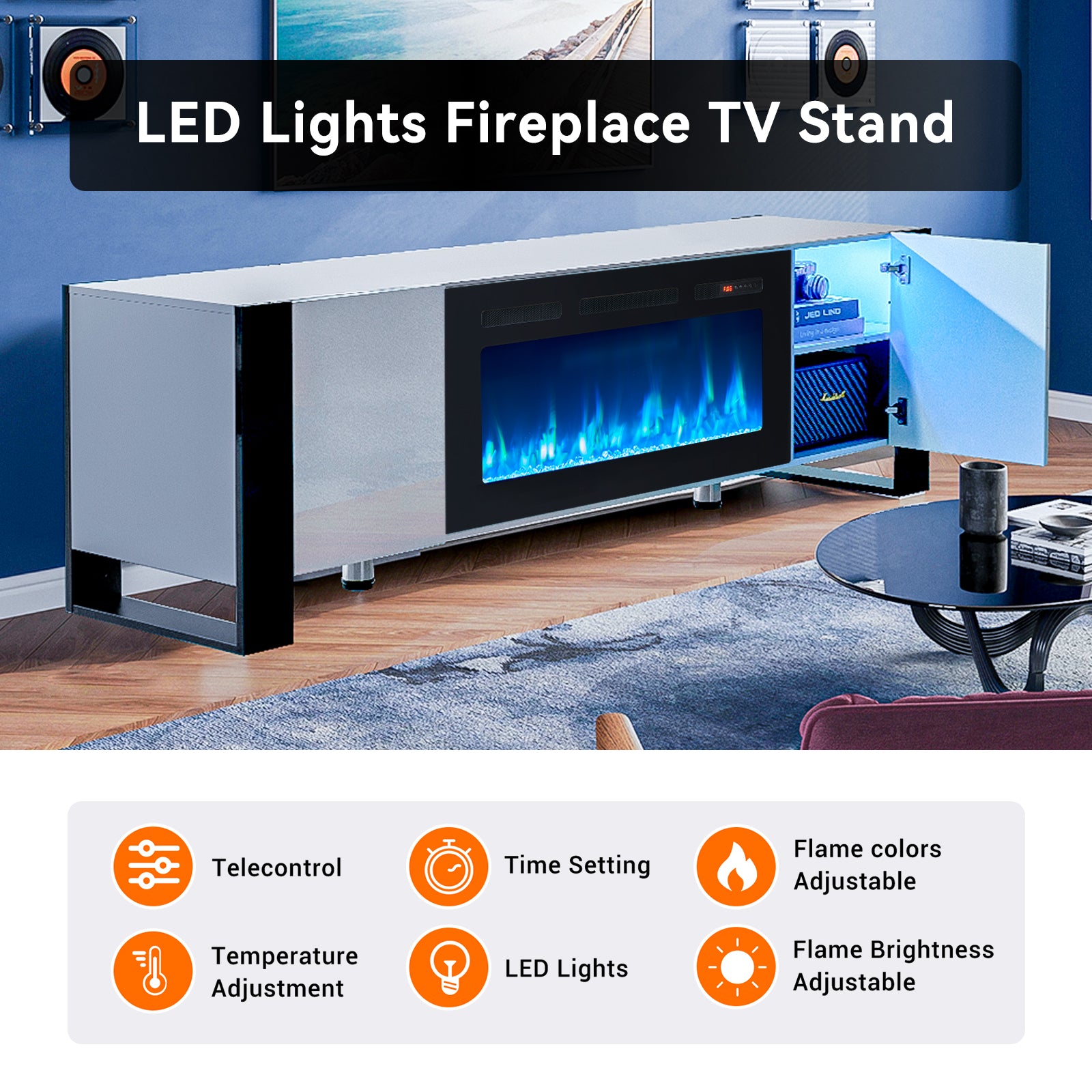 Fireplace TV Stand with 36" Fireplace, 70" Modern Entertainment Center LED Lights, Adjustable Legs TV Console Cabinet for TVs Up to 80", White TV Stand and Black Fireplace