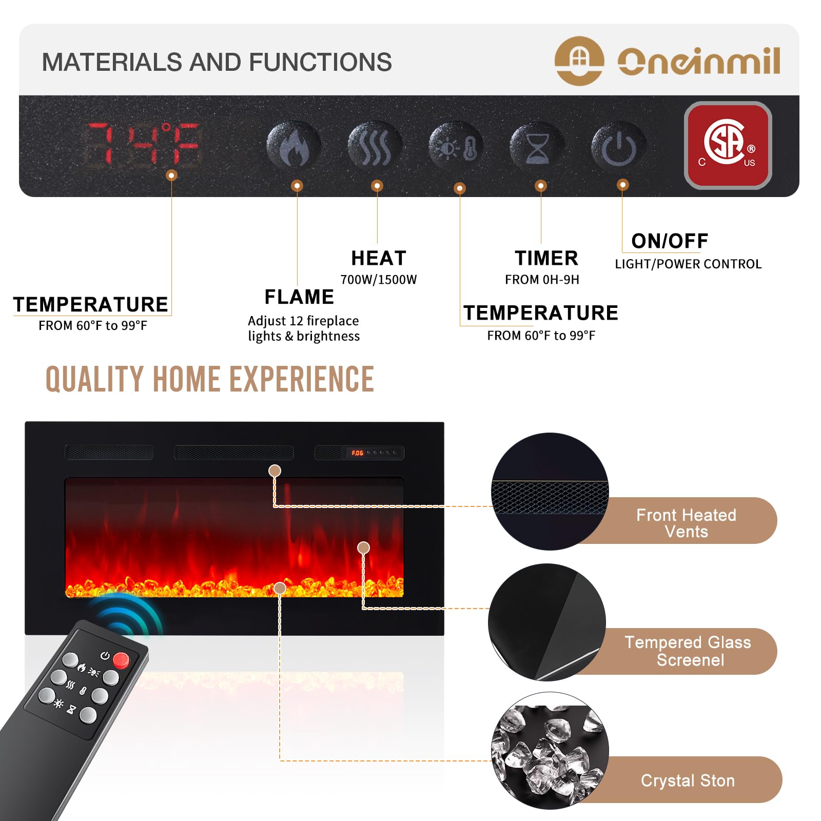 Fireplace TV Stand with 36” Electric Fireplace, 70” TV Console Stand for TVs Up to 80", LED Light Entertainment Center, Fireplace for The Living Room TV Stand, White