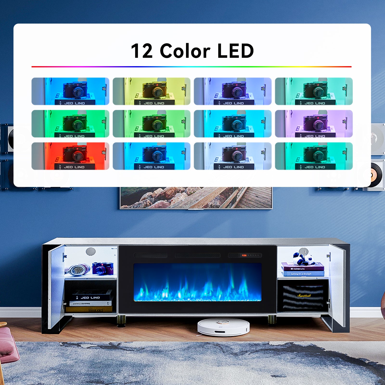 Fireplace TV Stand with 36" Fireplace, 70" Modern Entertainment Center LED Lights, Adjustable Legs TV Console Cabinet for TVs Up to 80", White TV Stand and Black Fireplace