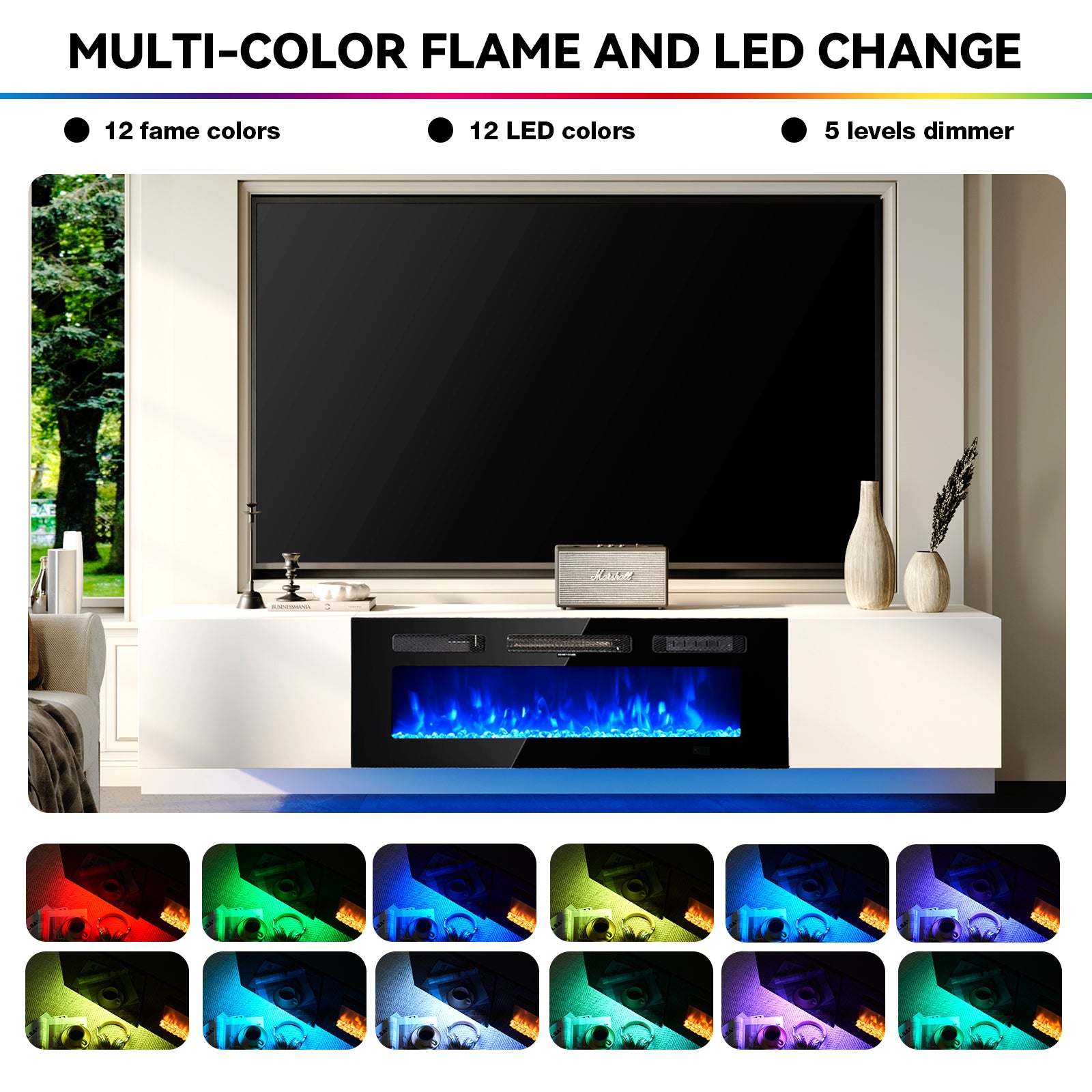 Floating TV Stand with 36" Electric Fireplace, Wall Mounted Fireplace Entertainment Center with Storage for TVs Up to 80", Adjustable Partition, Black/White (White TV Stand + Black Fireplace)